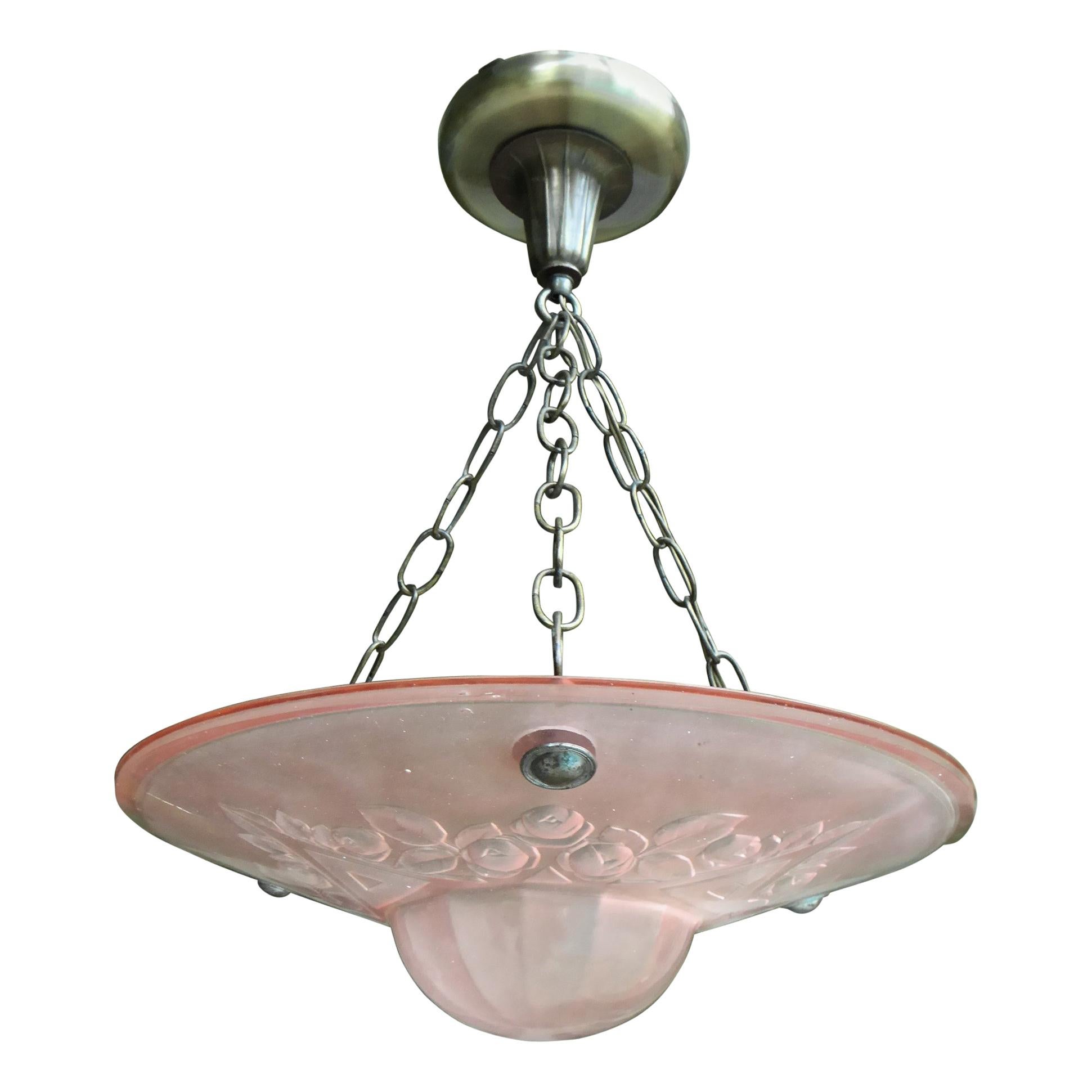 French Petit Art Deco Frosted Pink Glass Pendant