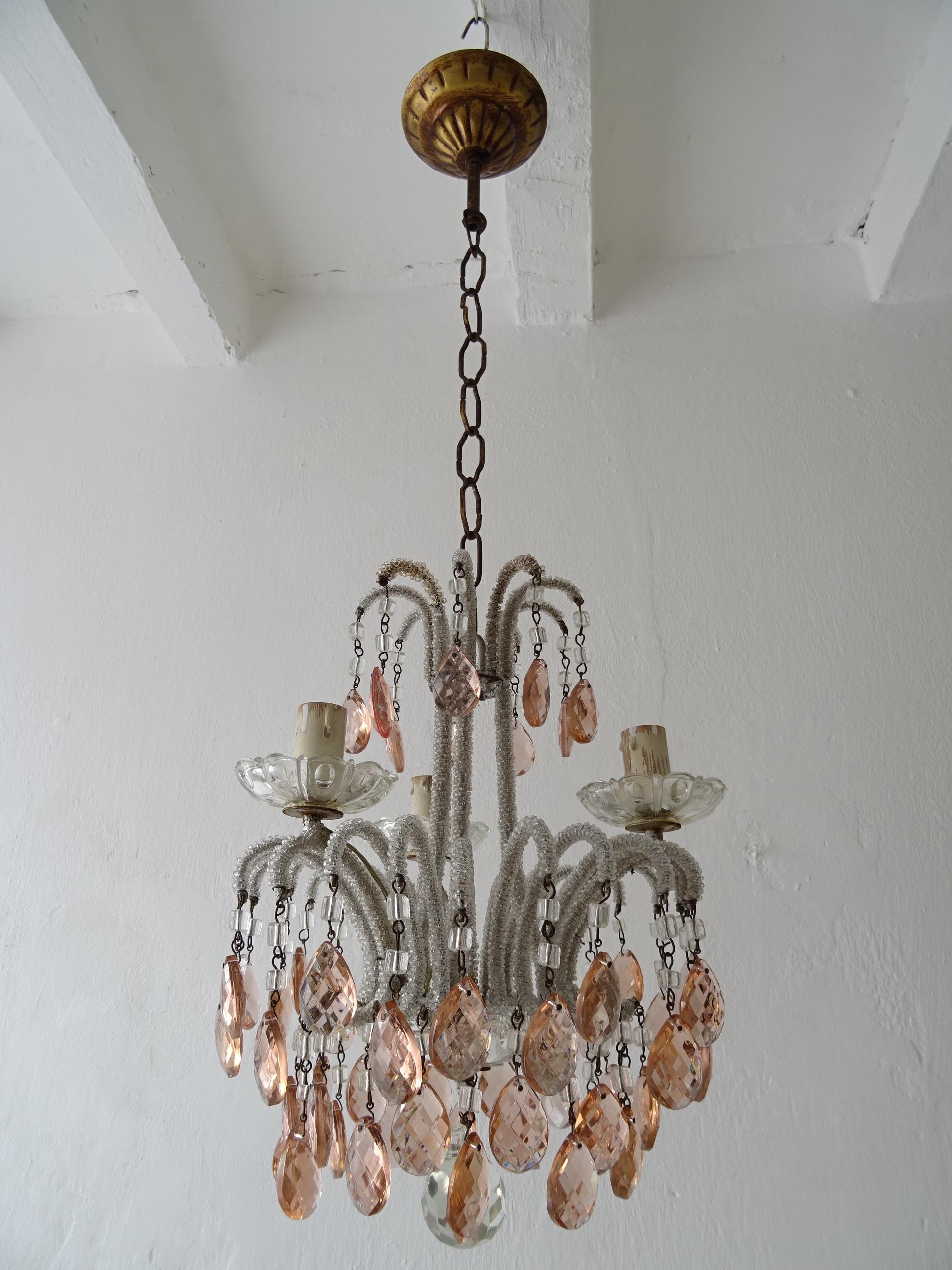French Petit Micro-Beaded Pink Crystal Prisms Chandelier, circa 1920 5