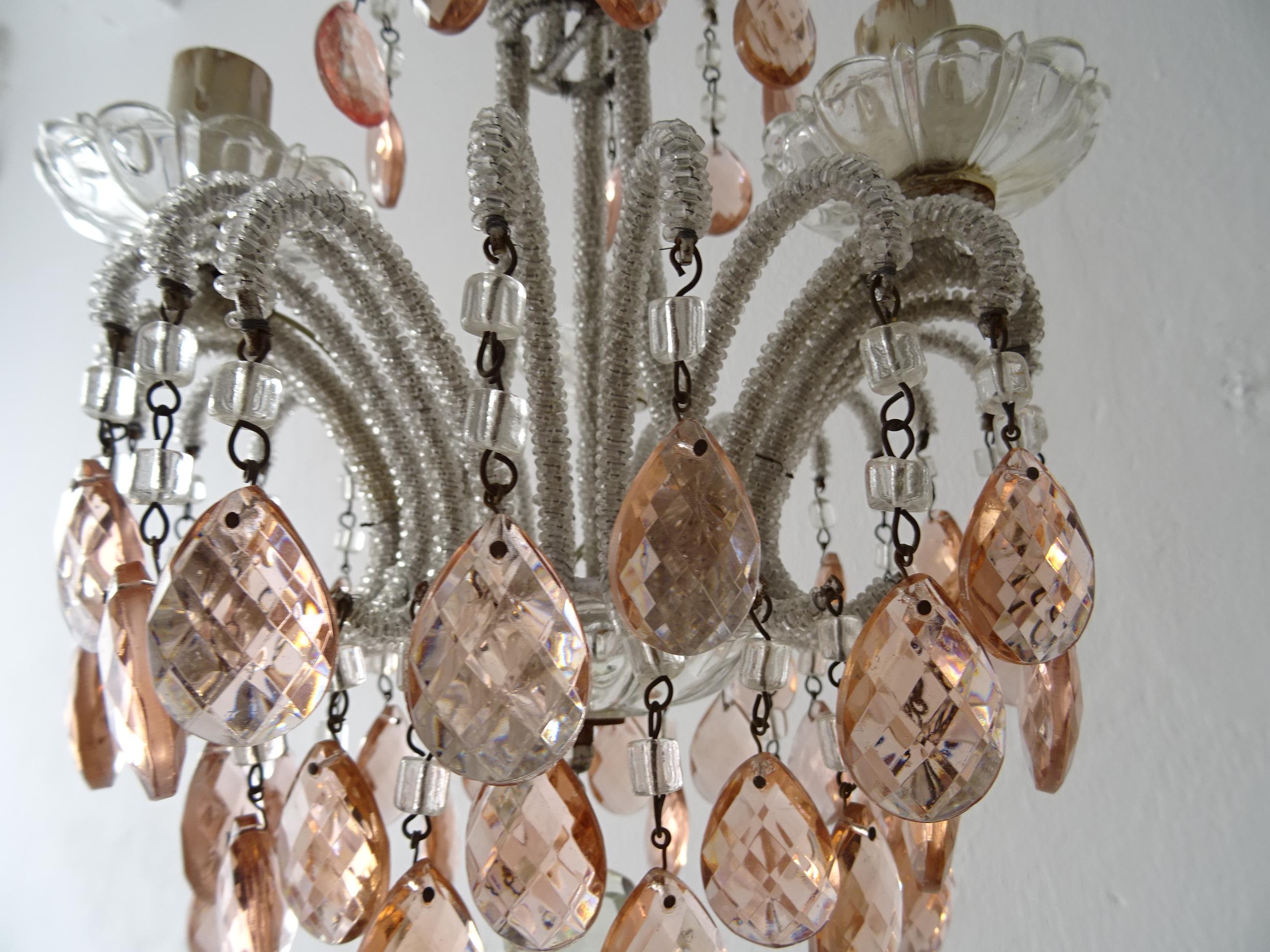 French Petit Micro-Beaded Pink Crystal Prisms Chandelier, circa 1920 6