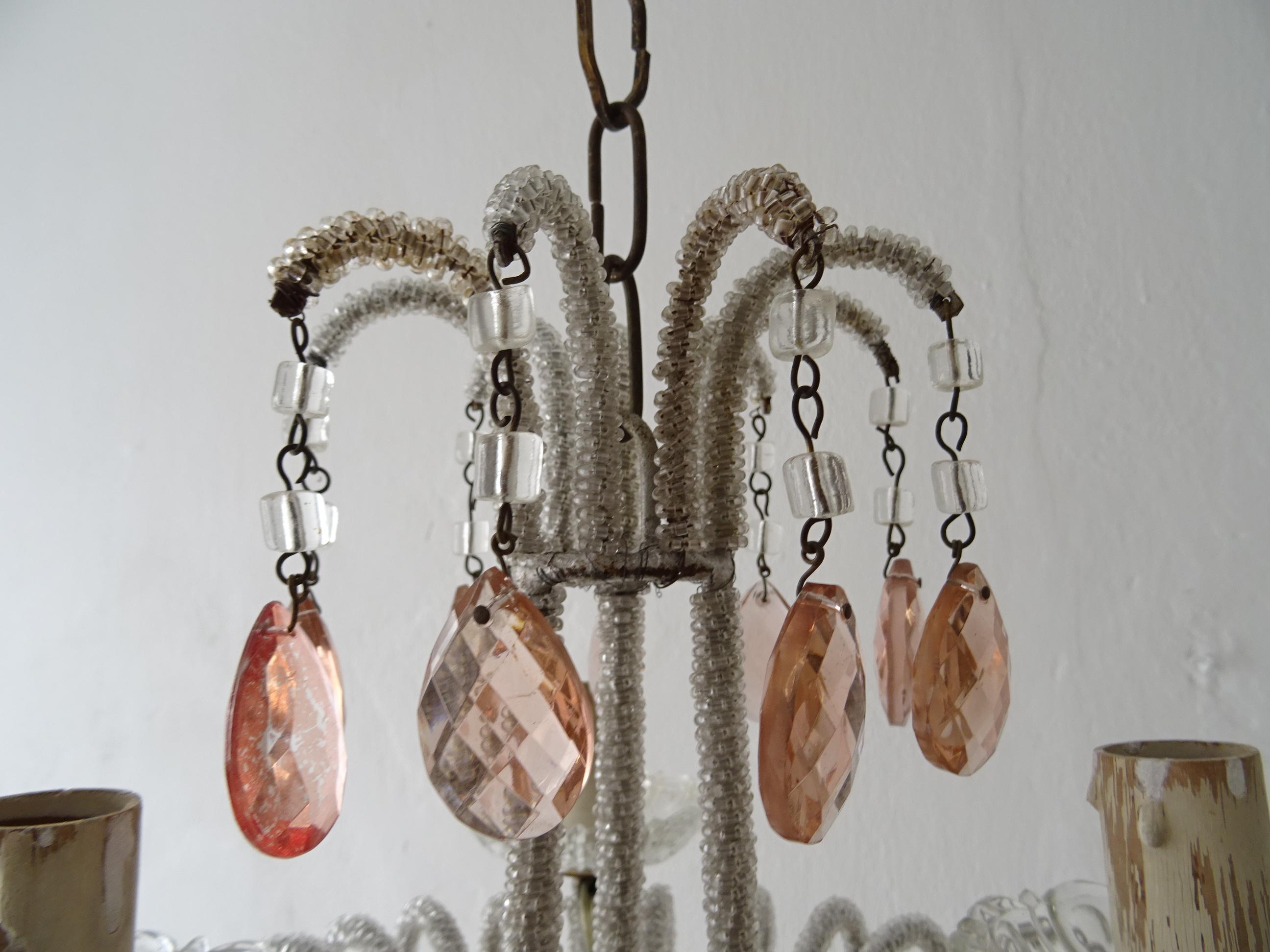 Early 20th Century French Petit Micro-Beaded Pink Crystal Prisms Chandelier, circa 1920