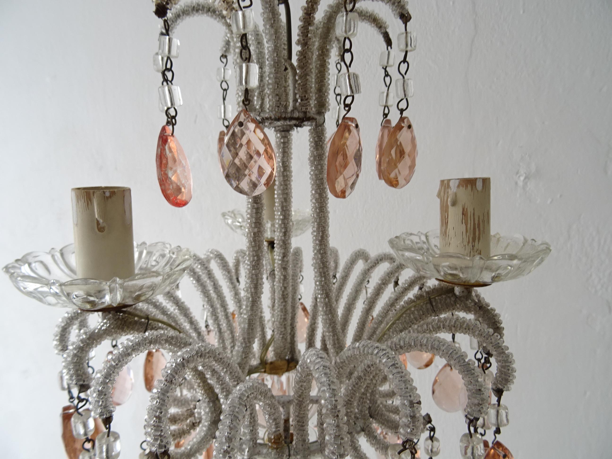 French Petit Micro-Beaded Pink Crystal Prisms Chandelier, circa 1920 1