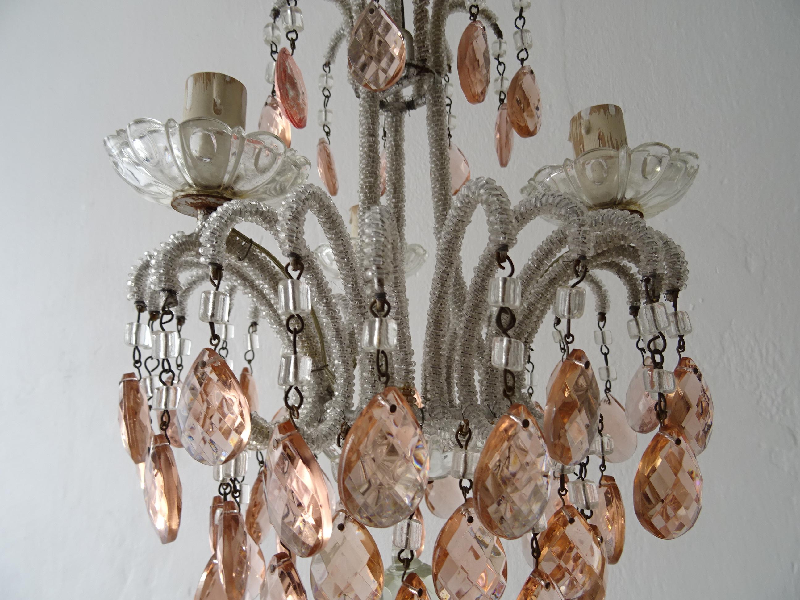 French Petit Micro-Beaded Pink Crystal Prisms Chandelier, circa 1920 2