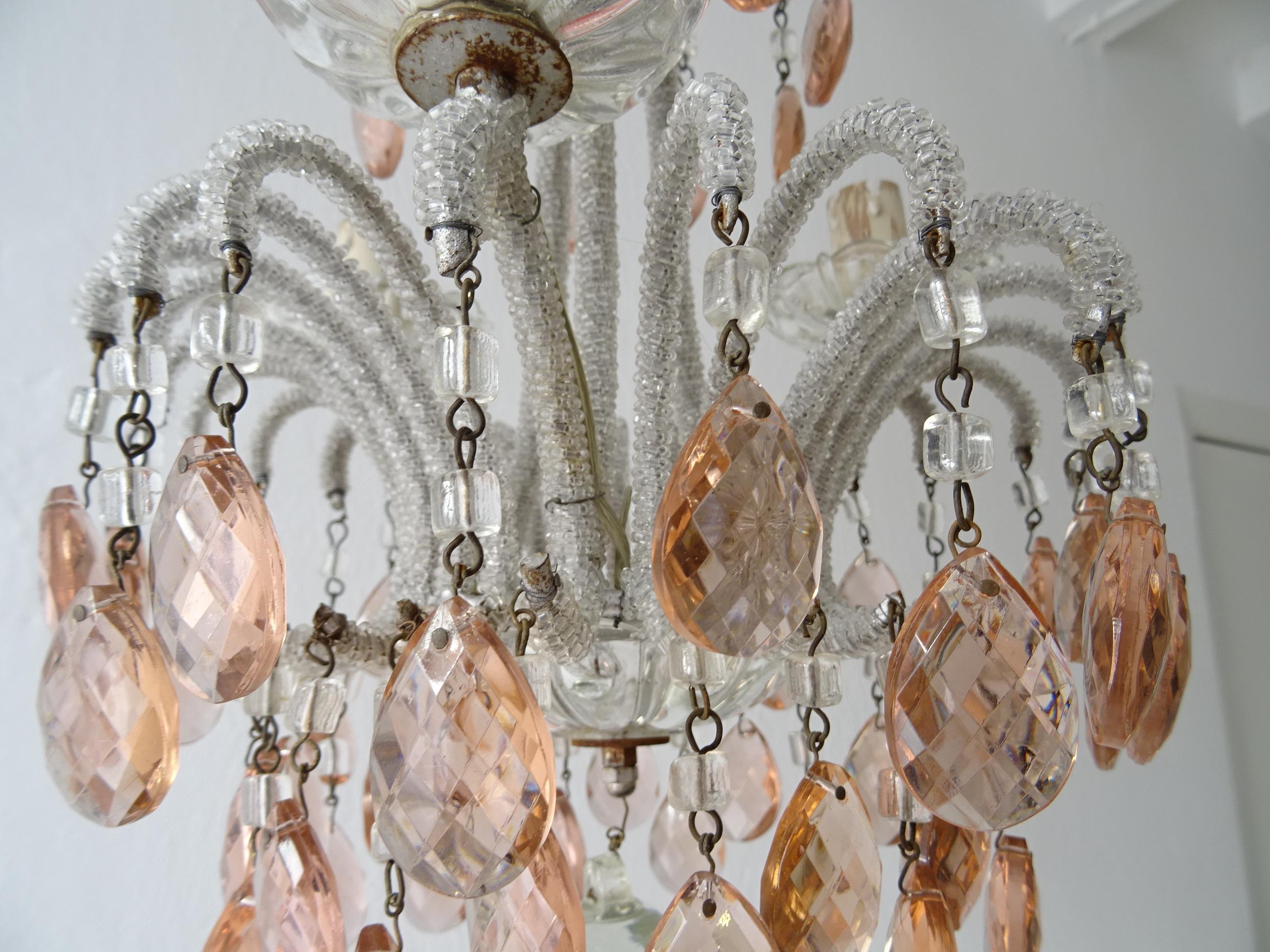 French Petit Micro-Beaded Pink Crystal Prisms Chandelier, circa 1920 3