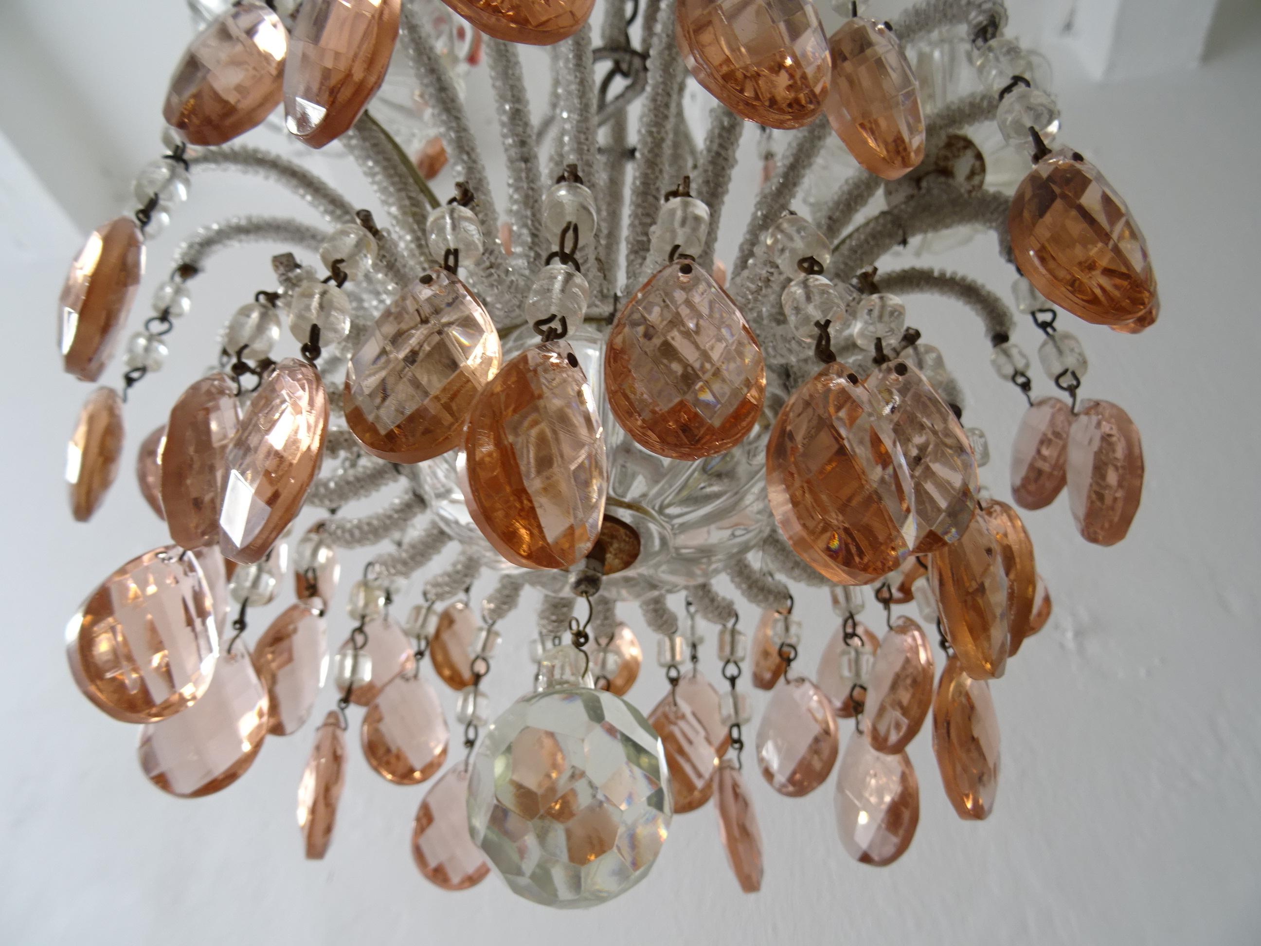 French Petit Micro-Beaded Pink Crystal Prisms Chandelier, circa 1920 4