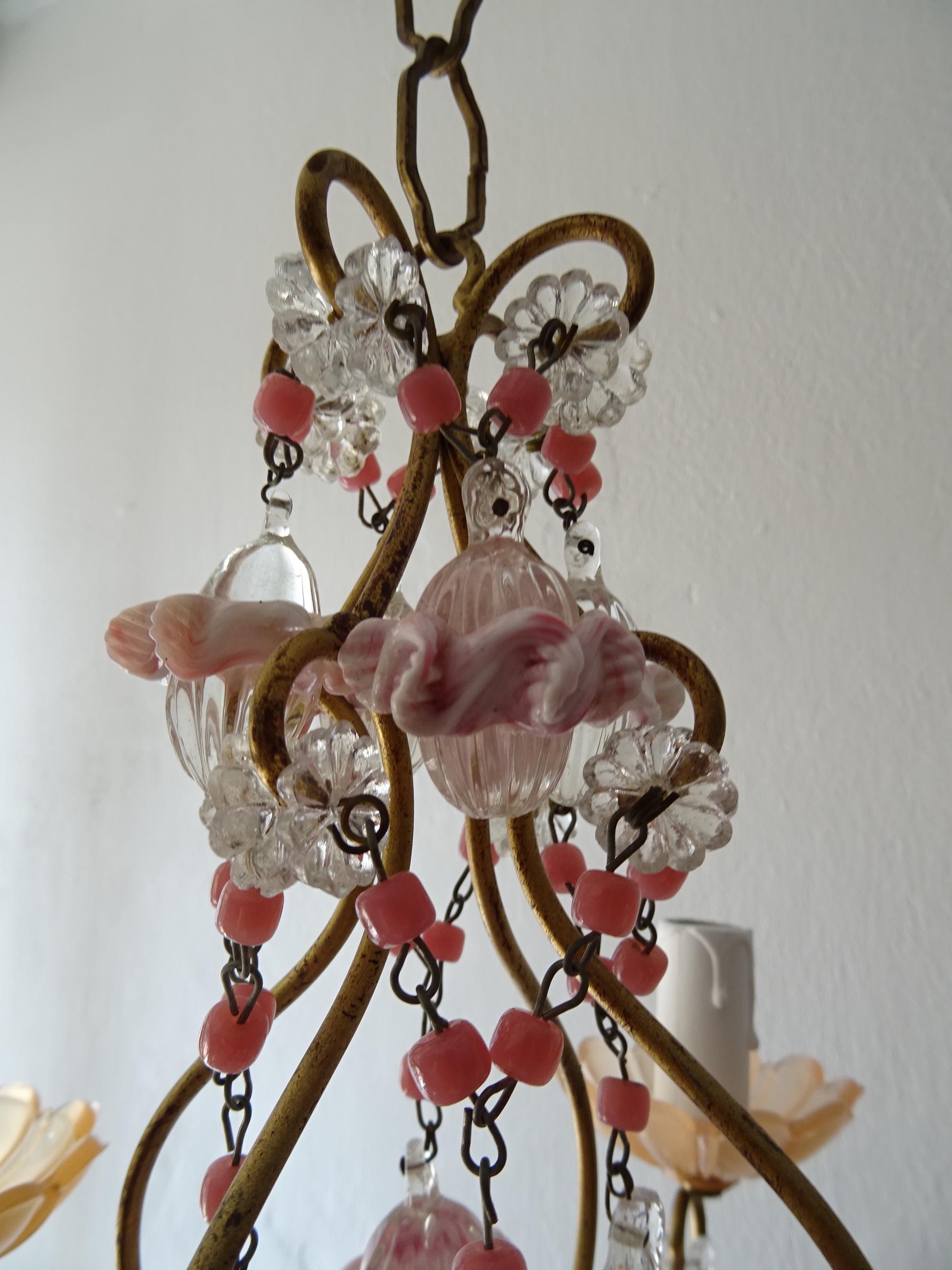 Early 20th Century French Petit Pink Opaline Beads, Bobeches and Murano Ribbon Balls Chandelier For Sale