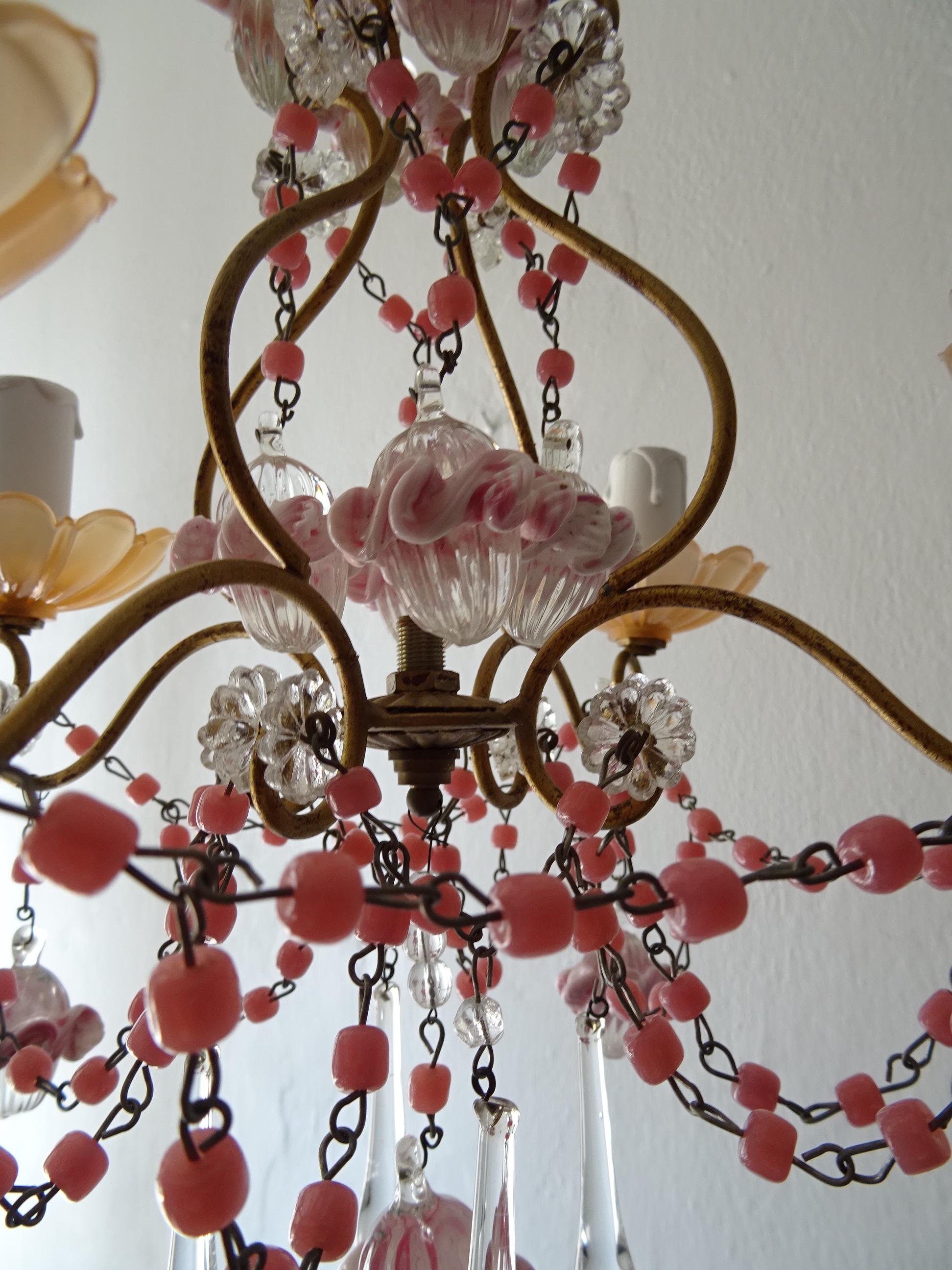 Murano Glass French Petit Pink Opaline Beads, Bobeches and Murano Ribbon Balls Chandelier For Sale