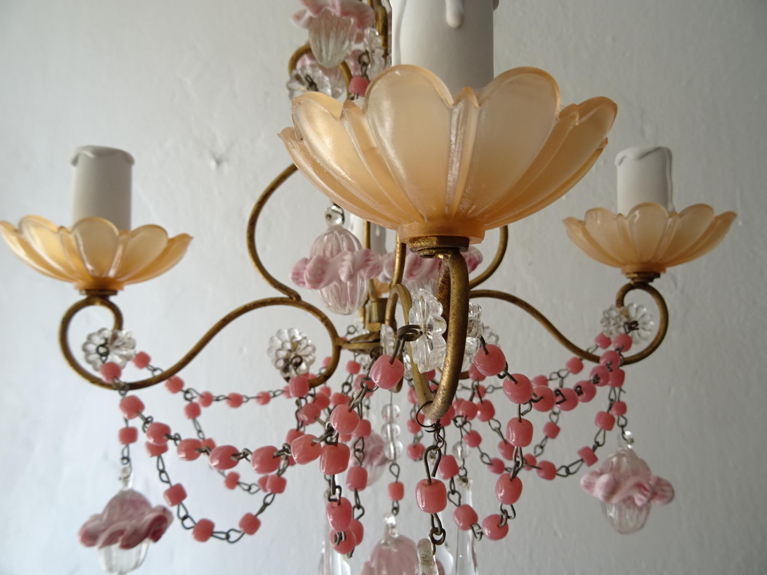 French Petit Pink Opaline Beads, Bobeches and Murano Ribbon Balls Chandelier For Sale 1