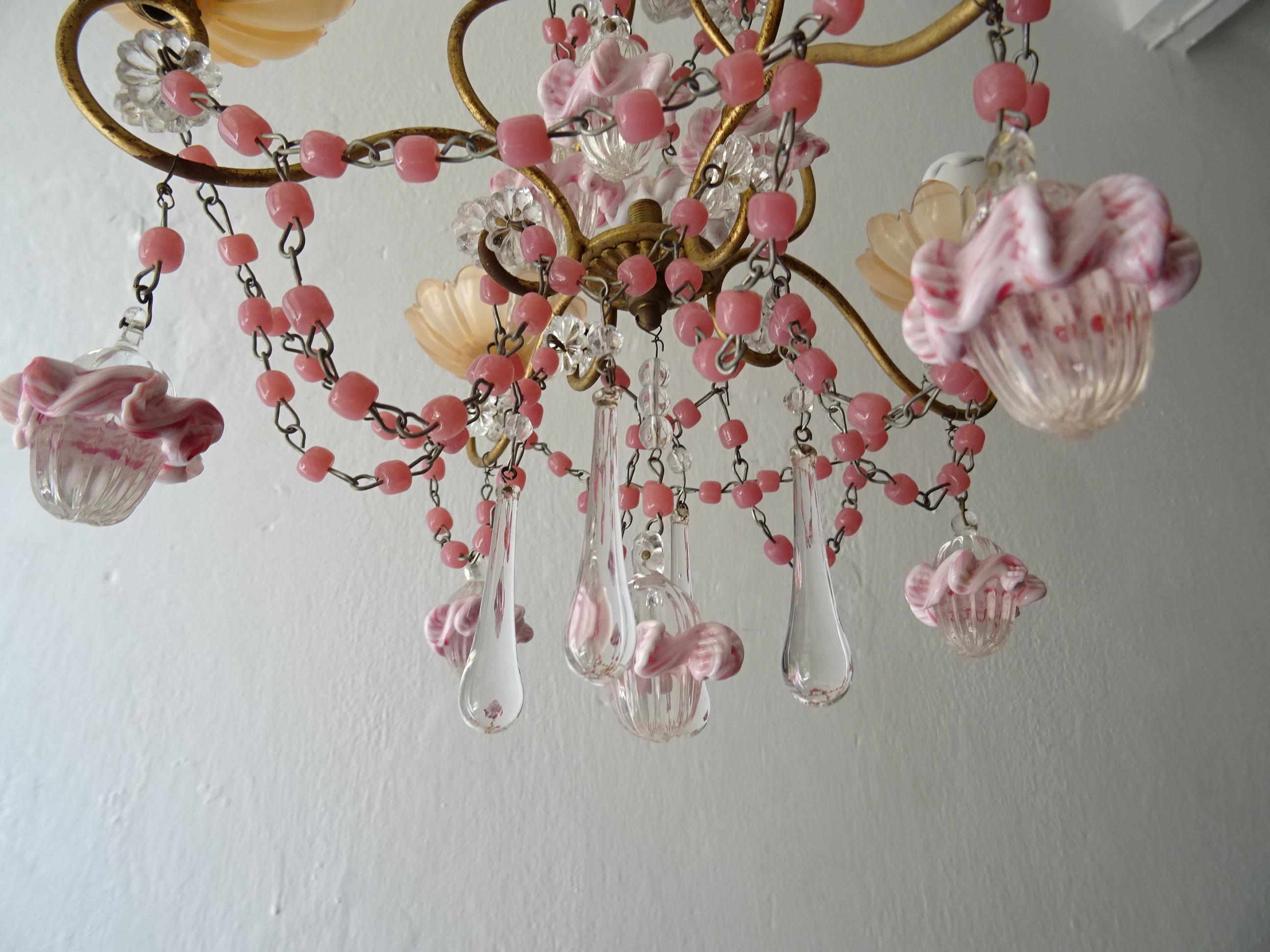 French Petit Pink Opaline Beads, Bobeches and Murano Ribbon Balls Chandelier For Sale 2