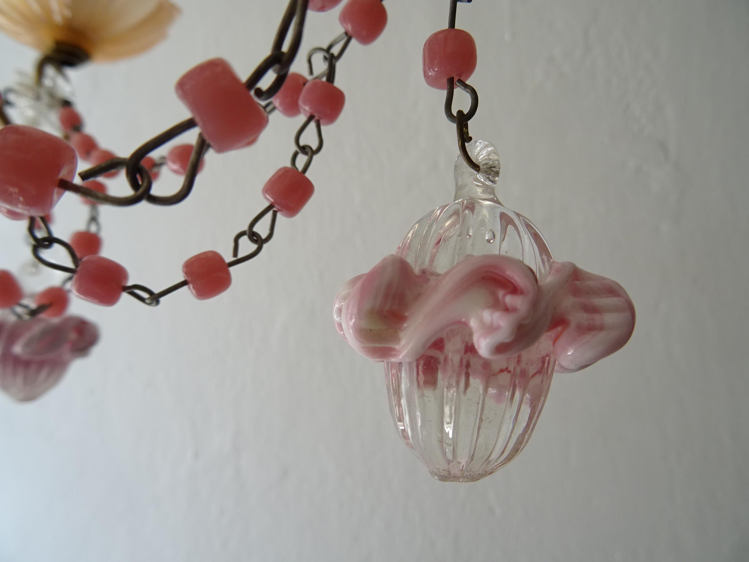 French Petit Pink Opaline Beads, Bobeches and Murano Ribbon Balls Chandelier For Sale 3