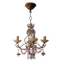 French Petit Pink Opaline Beads, Bobeches and Murano Ribbon Balls Chandelier