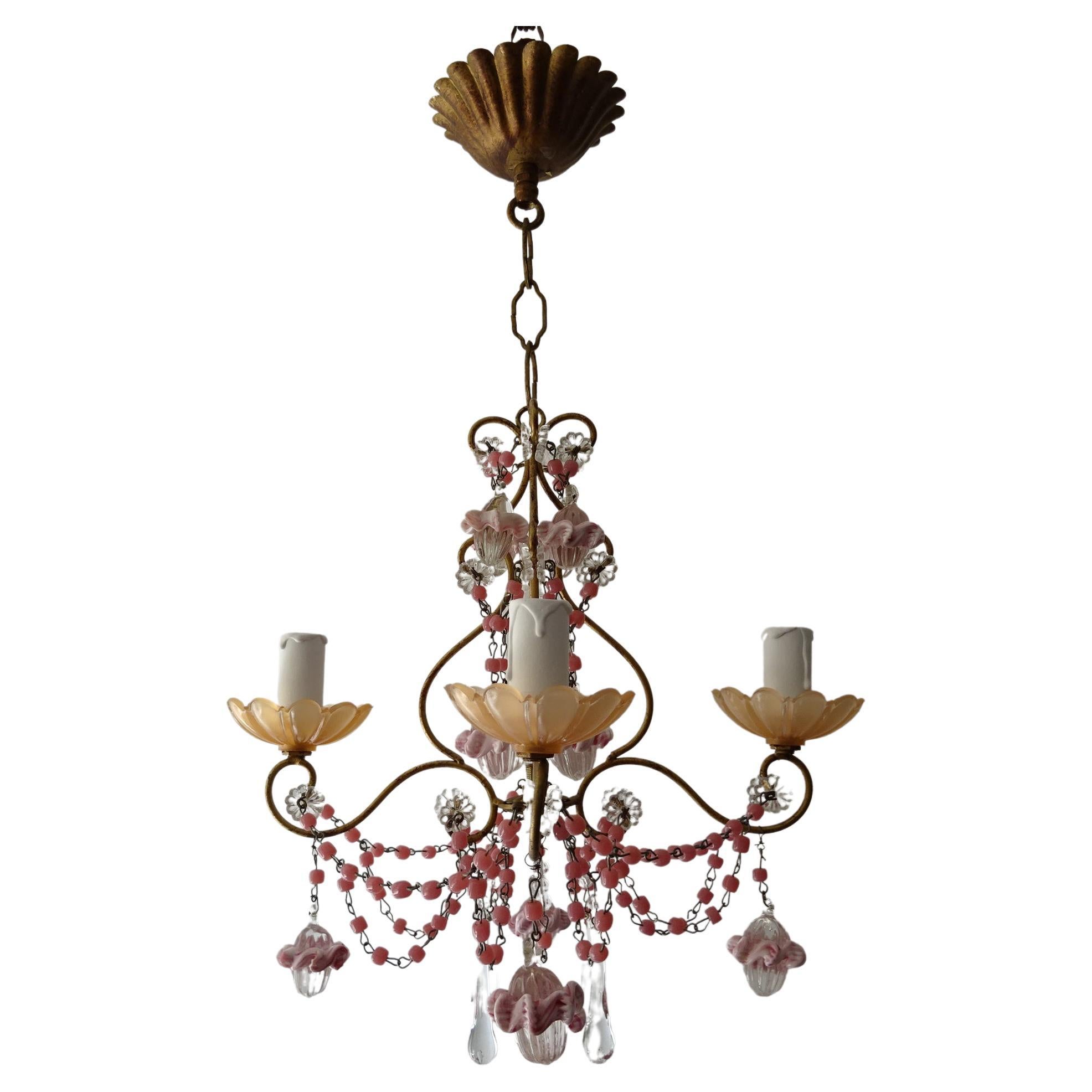 French Petit Pink Opaline Beads, Bobeches and Murano Ribbon Balls Chandelier For Sale