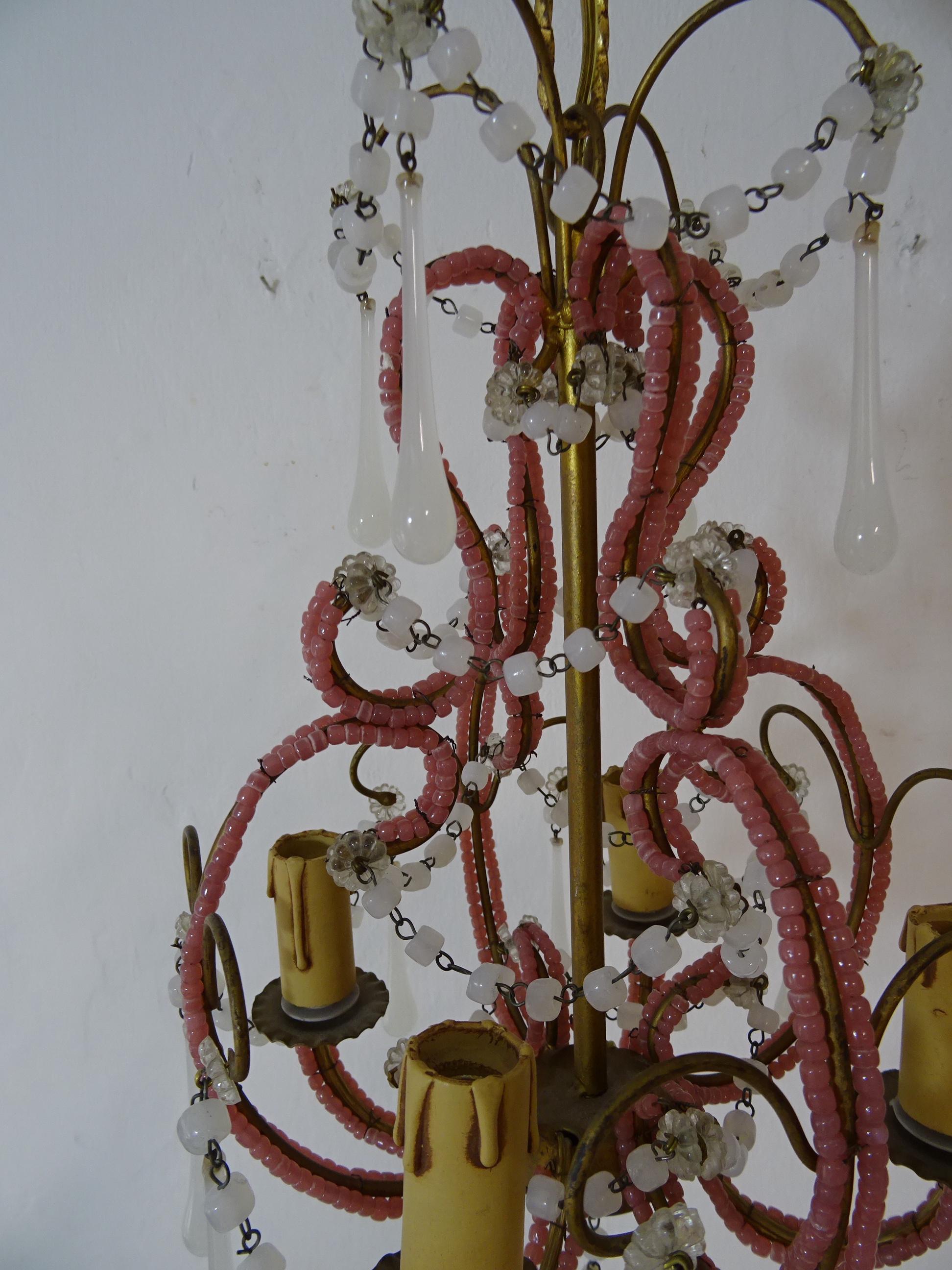 French Petit Pink & White Opaline Drops Beaded Swags Chandelier, circa 1920 For Sale 5