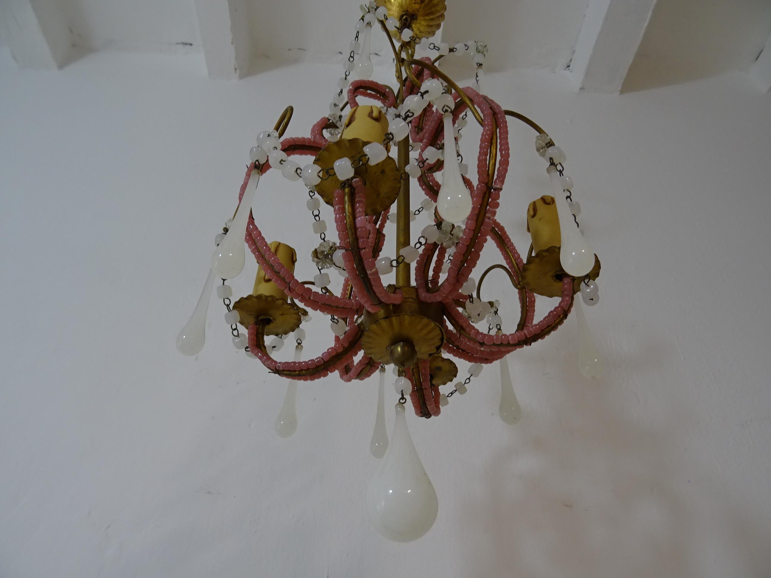 French Petit Pink & White Opaline Drops Beaded Swags Chandelier, circa 1920 For Sale 6