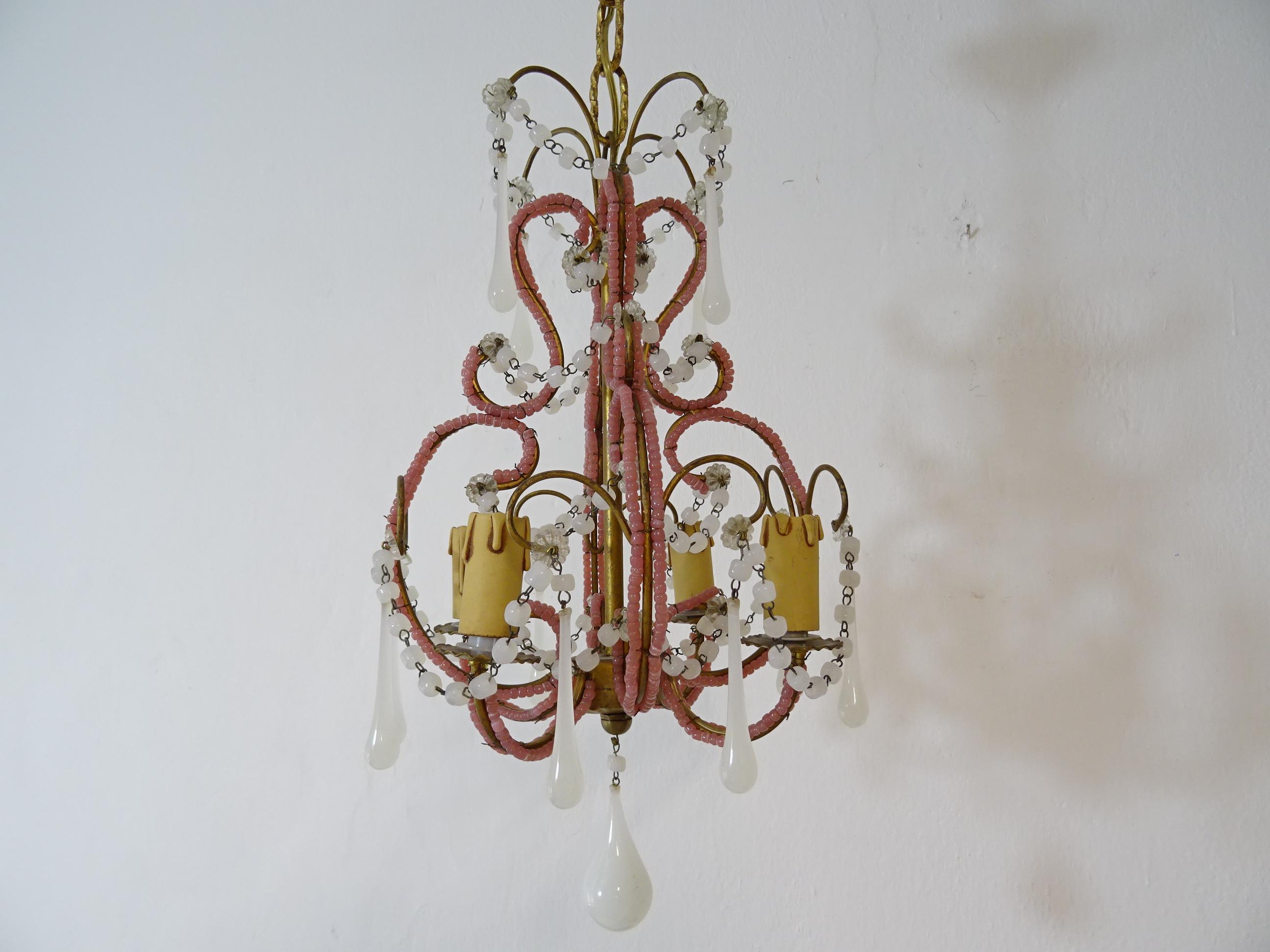 French Petit Pink & White Opaline Drops Beaded Swags Chandelier, circa 1920 For Sale 7