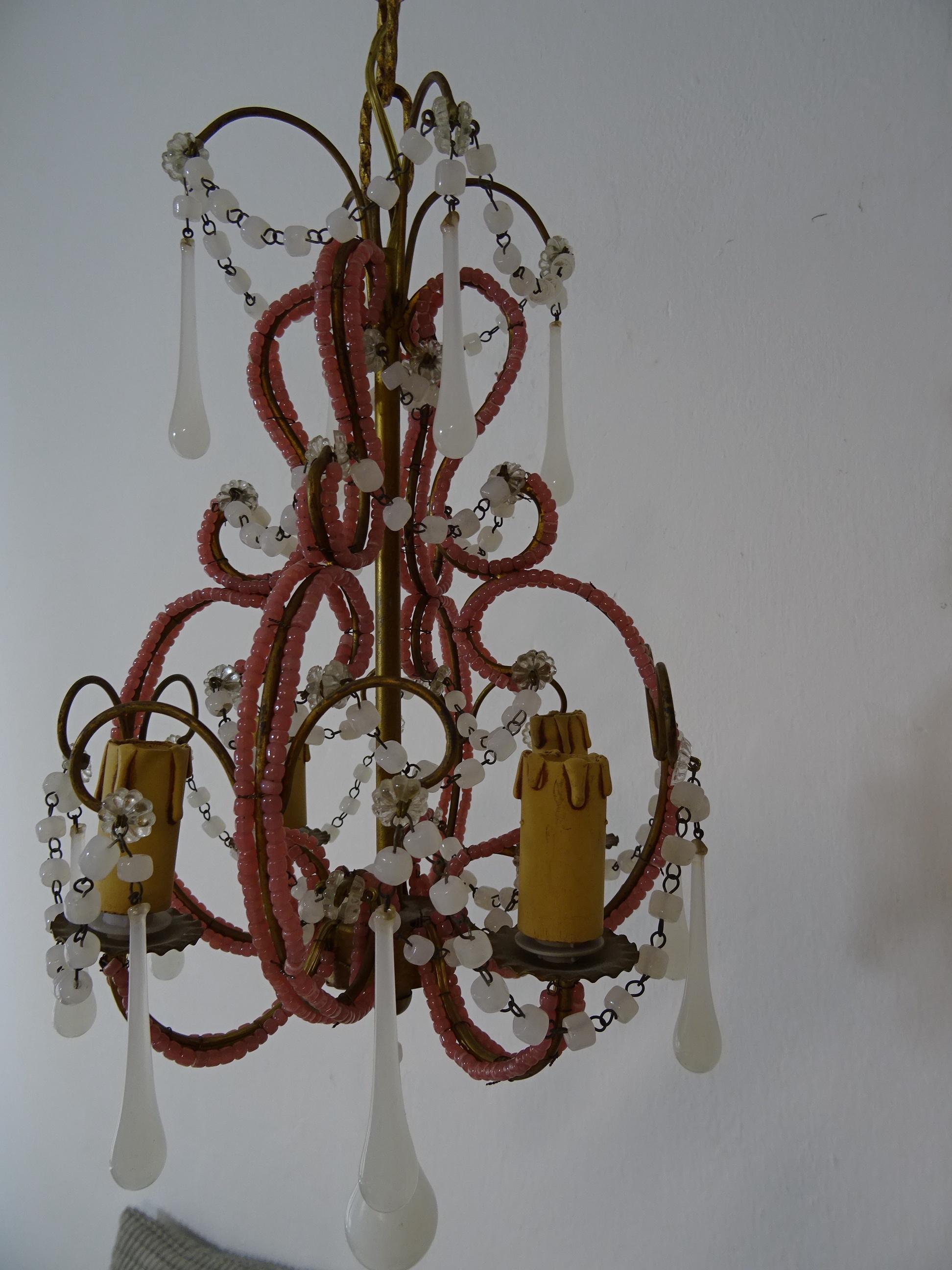 20th Century French Petit Pink & White Opaline Drops Beaded Swags Chandelier, circa 1920 For Sale