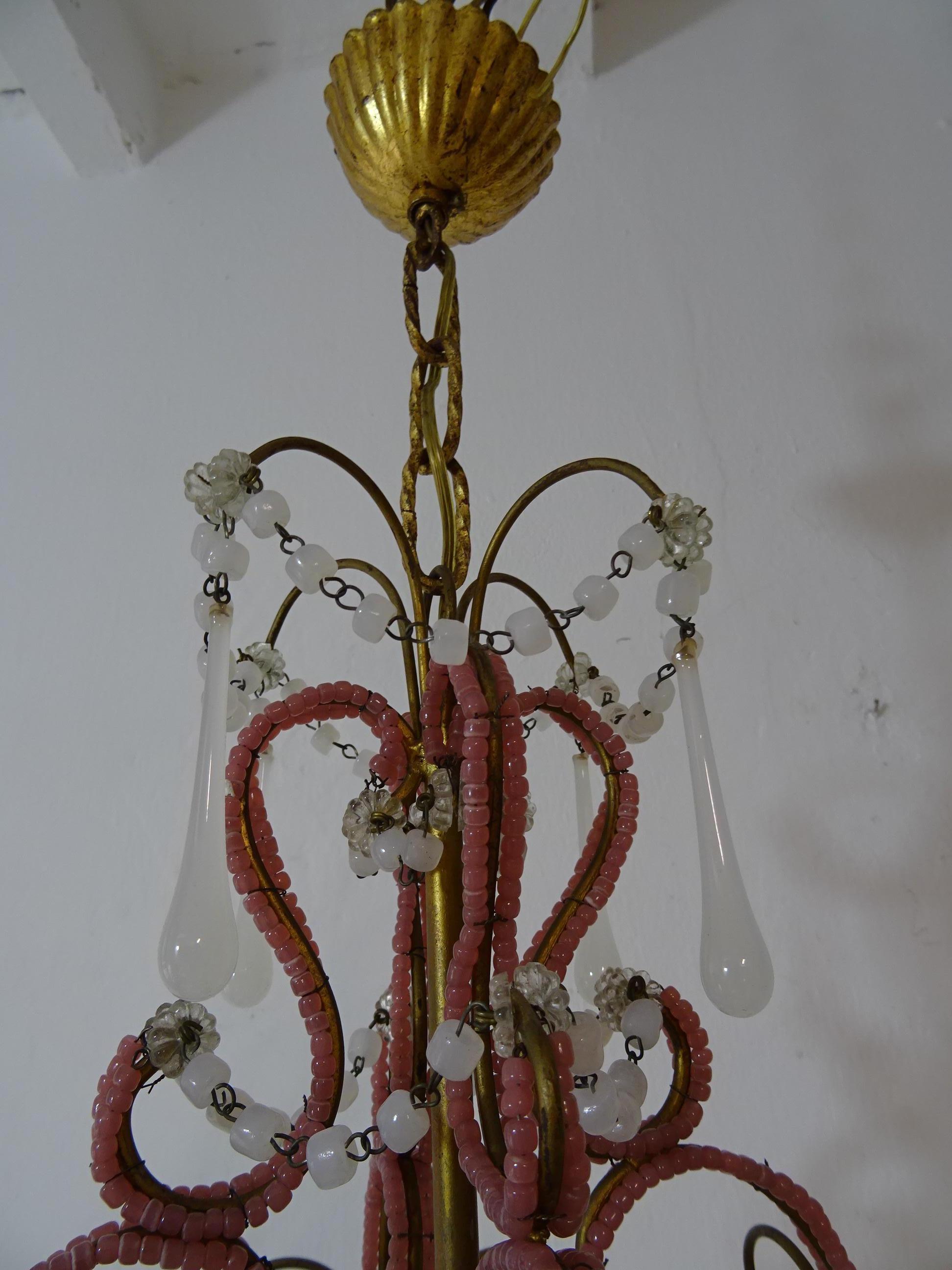 Opaline Glass French Petit Pink & White Opaline Drops Beaded Swags Chandelier, circa 1920 For Sale