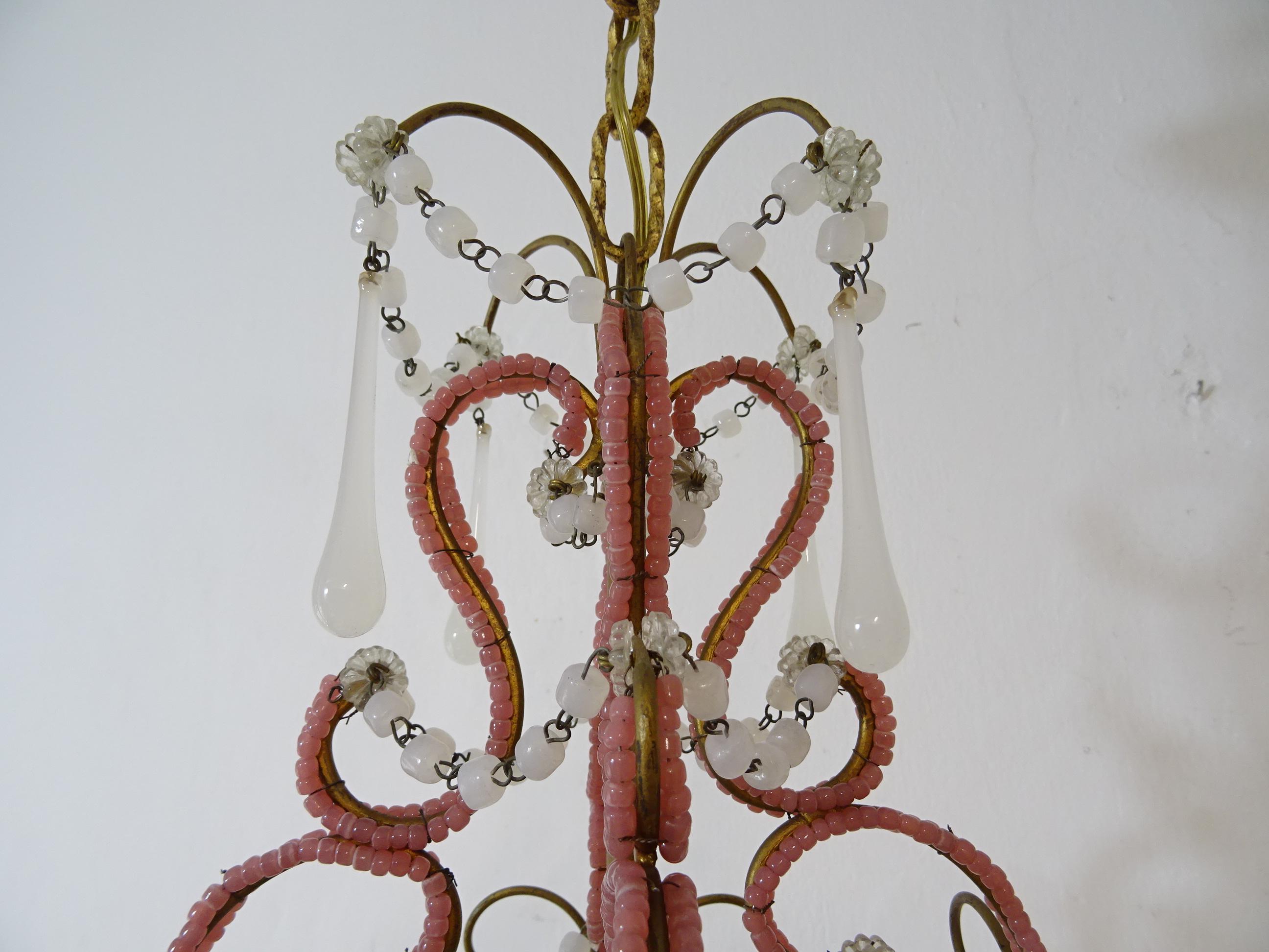 French Petit Pink & White Opaline Drops Beaded Swags Chandelier, circa 1920 For Sale 1