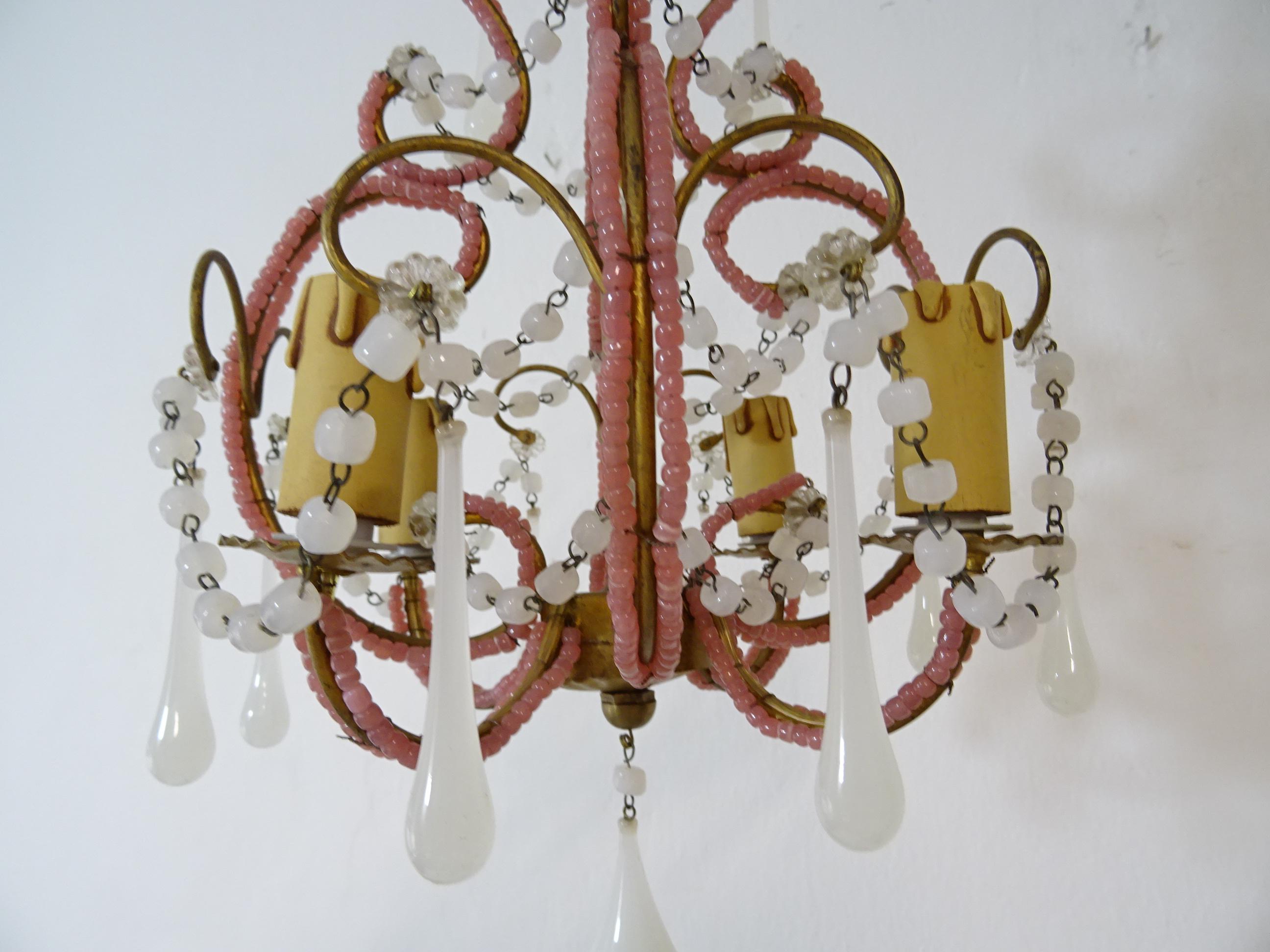 French Petit Pink & White Opaline Drops Beaded Swags Chandelier, circa 1920 For Sale 2