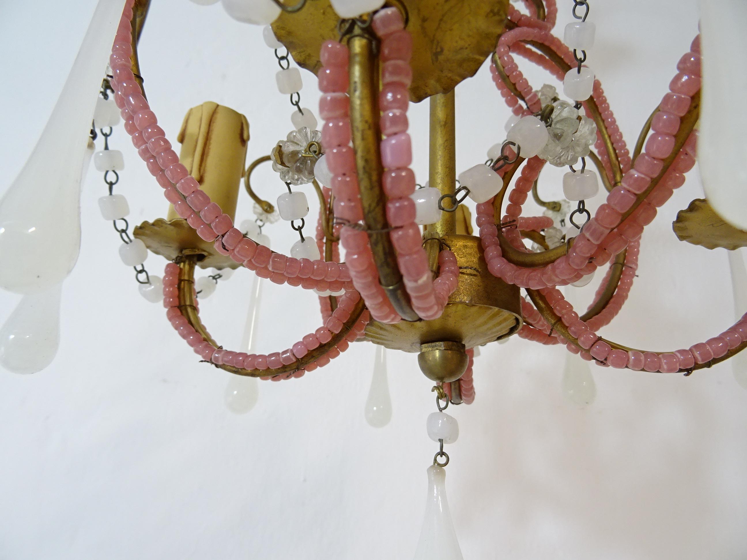 French Petit Pink & White Opaline Drops Beaded Swags Chandelier, circa 1920 For Sale 3