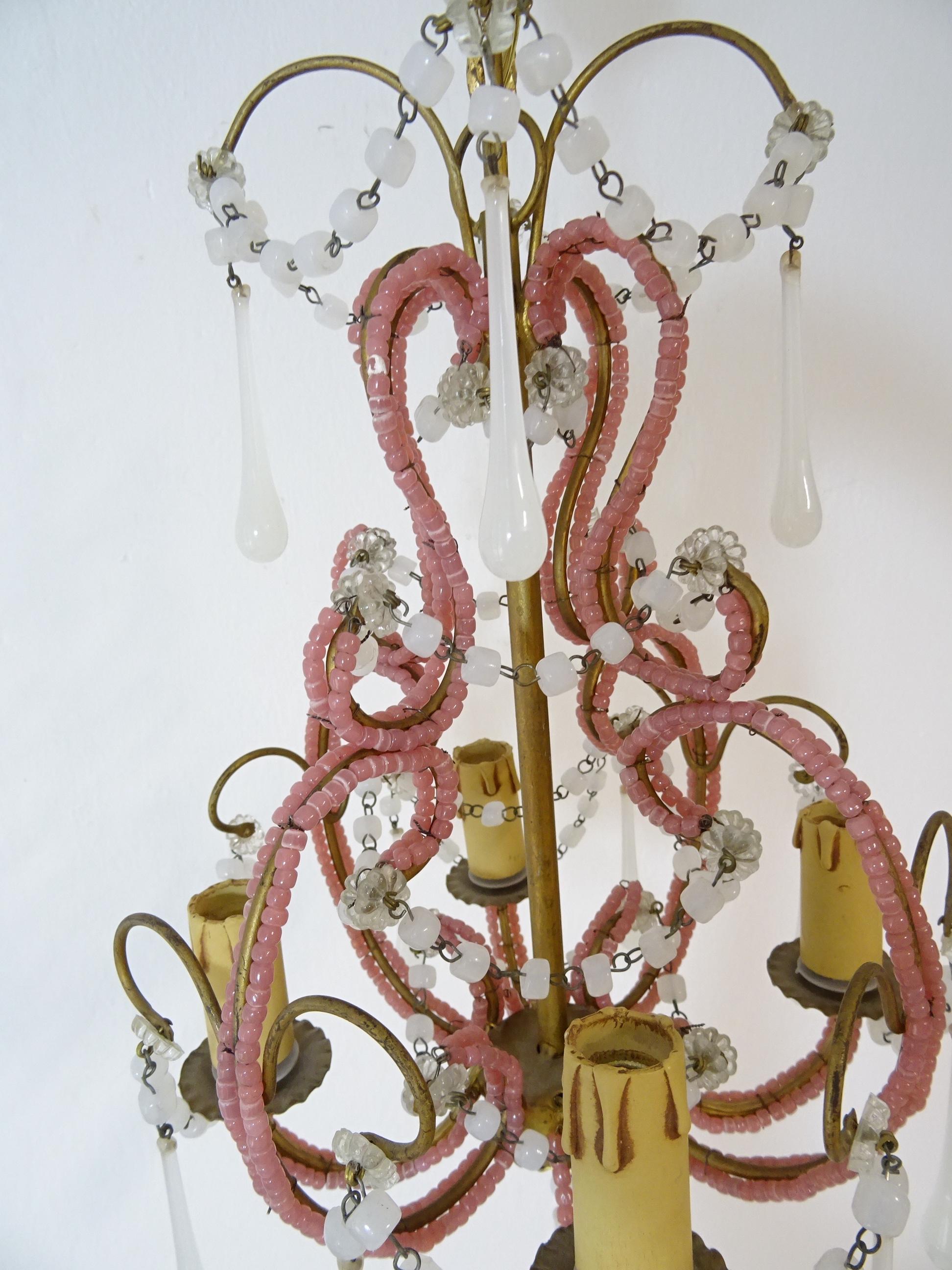 French Petit Pink & White Opaline Drops Beaded Swags Chandelier, circa 1920 For Sale 4