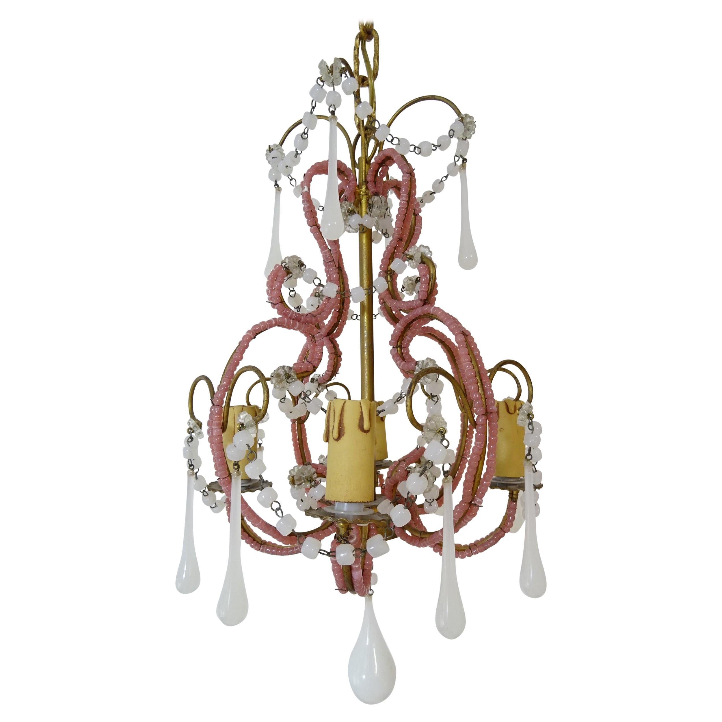 French Petit Pink & White Opaline Drops Beaded Swags Chandelier, circa 1920 For Sale