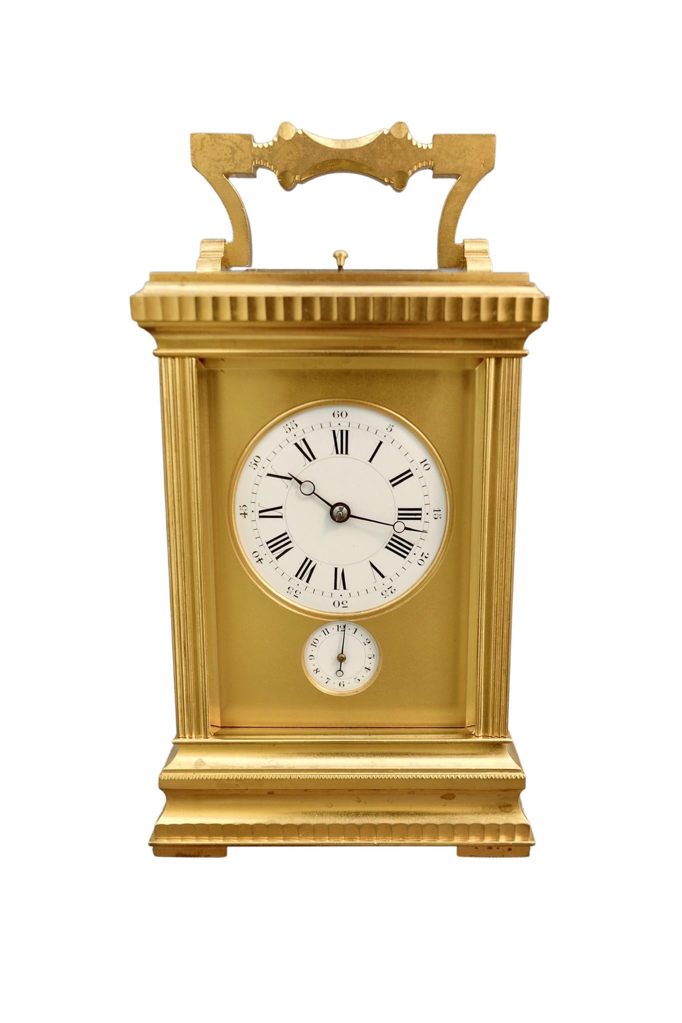 A very attractive French Petit sonnerie striking and repeating carriage clock. From Le Roy et Fils, Palais Royale, Paris, the clock is signed ‘LeRoy & Fils 13 & 15 Palis Royal Paris’ 10982.

The substantially made and fully glazed case with