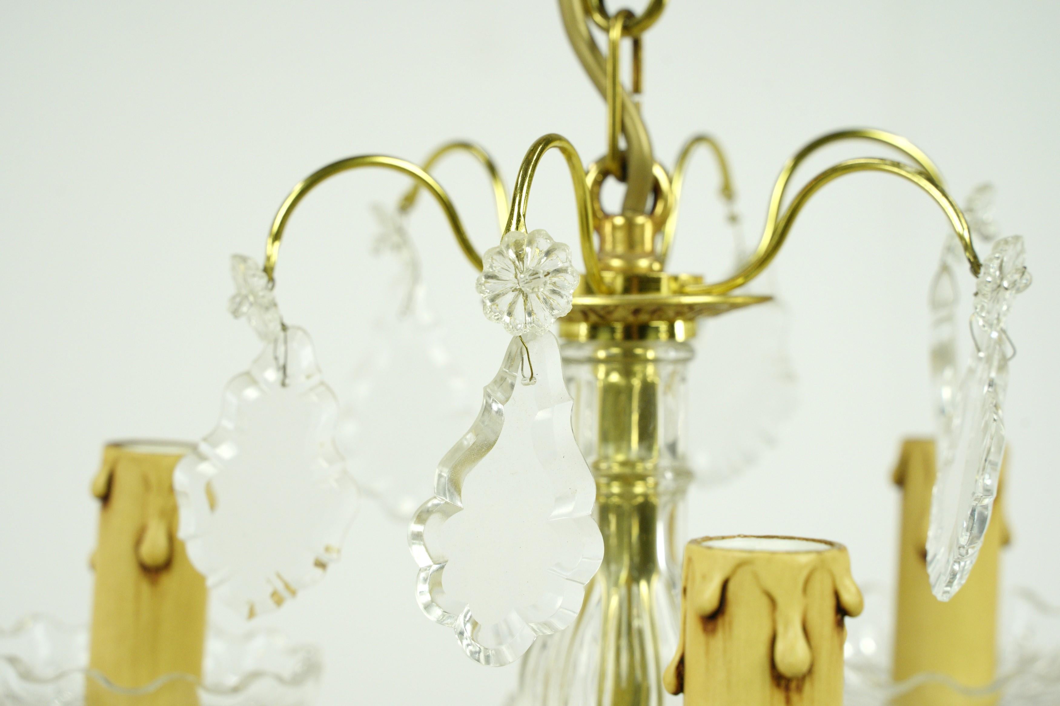 Polished French Petite 3 Arm Crystal & Brass Chandelier For Sale