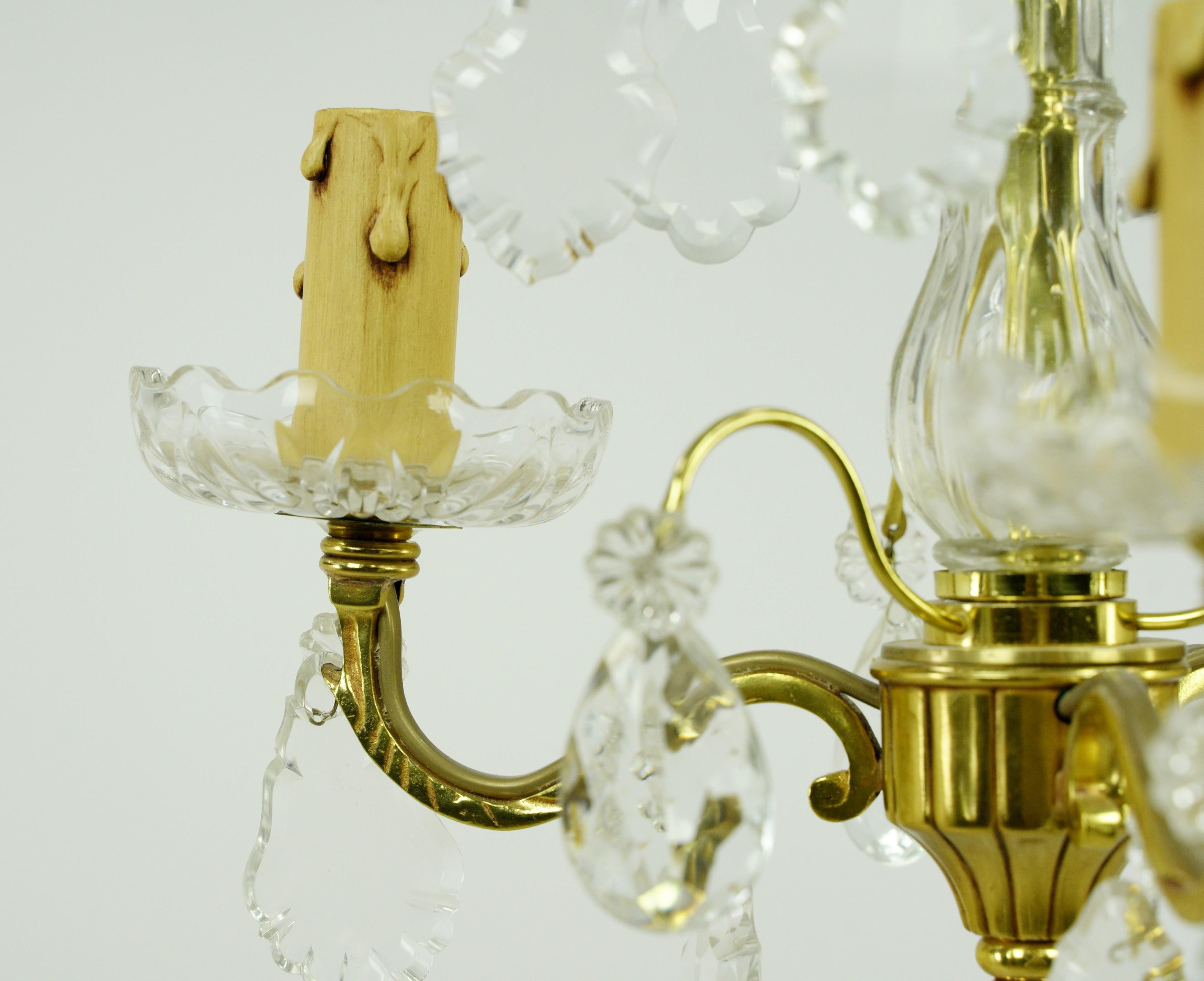 20th Century French Petite 3 Arm Crystal & Brass Chandelier For Sale