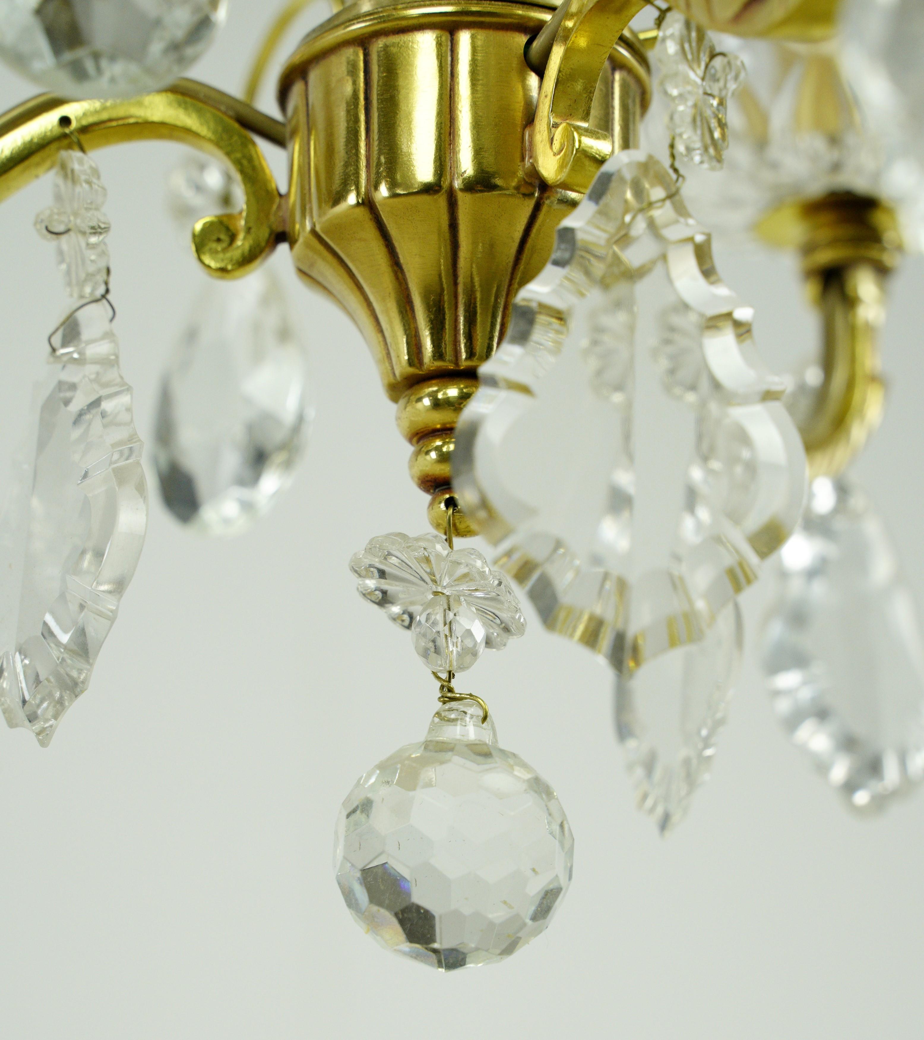 French Petite 3 Arm Crystal & Brass Chandelier For Sale 2