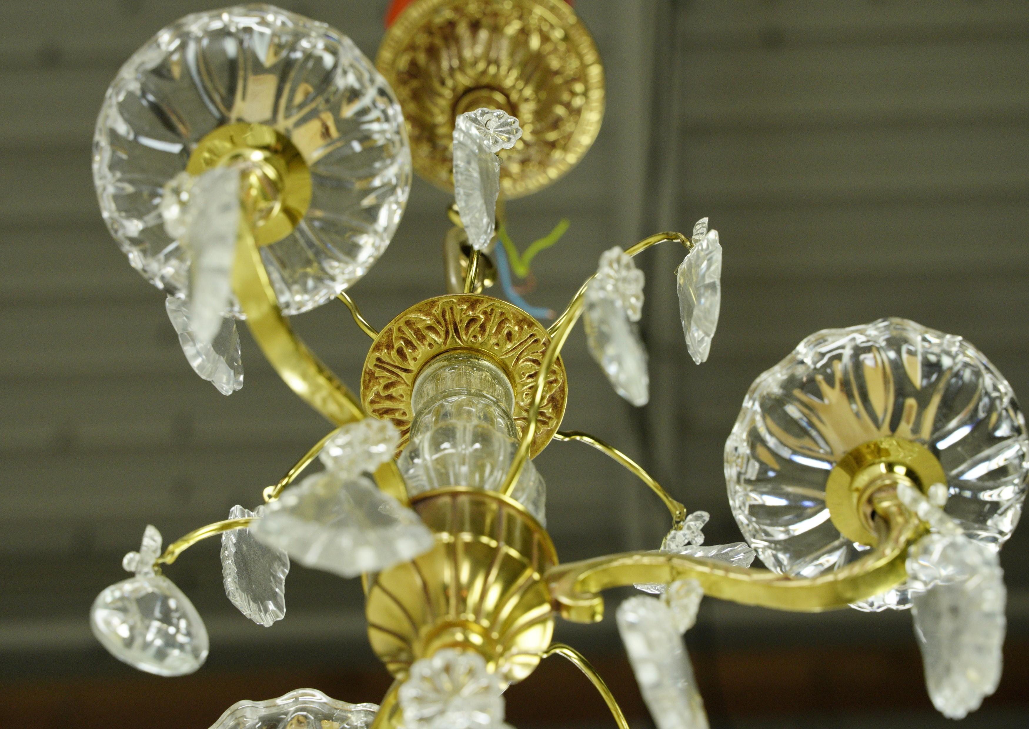 French Petite 3 Arm Crystal & Brass Chandelier For Sale 4