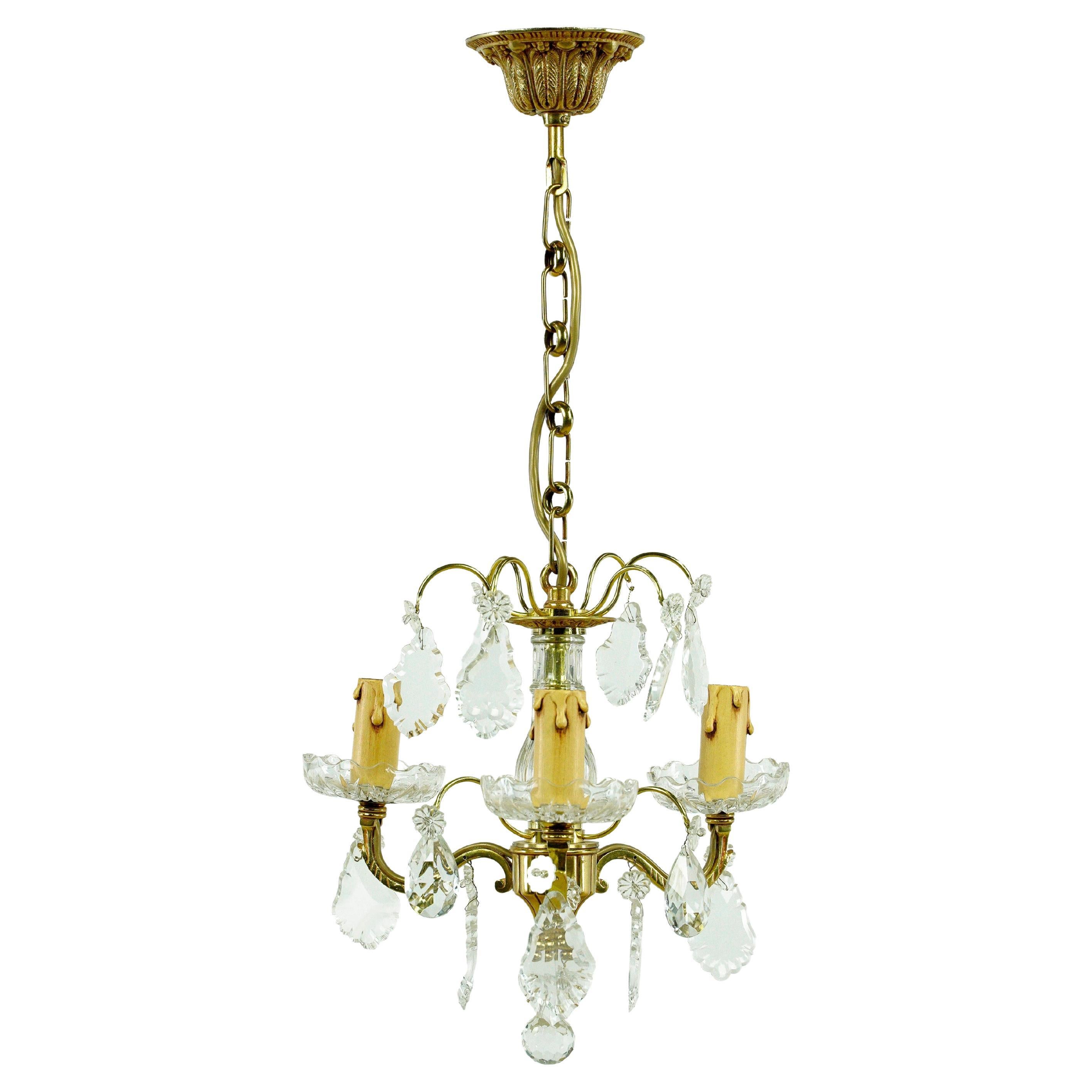 French Petite 3 Arm Crystal & Brass Chandelier For Sale