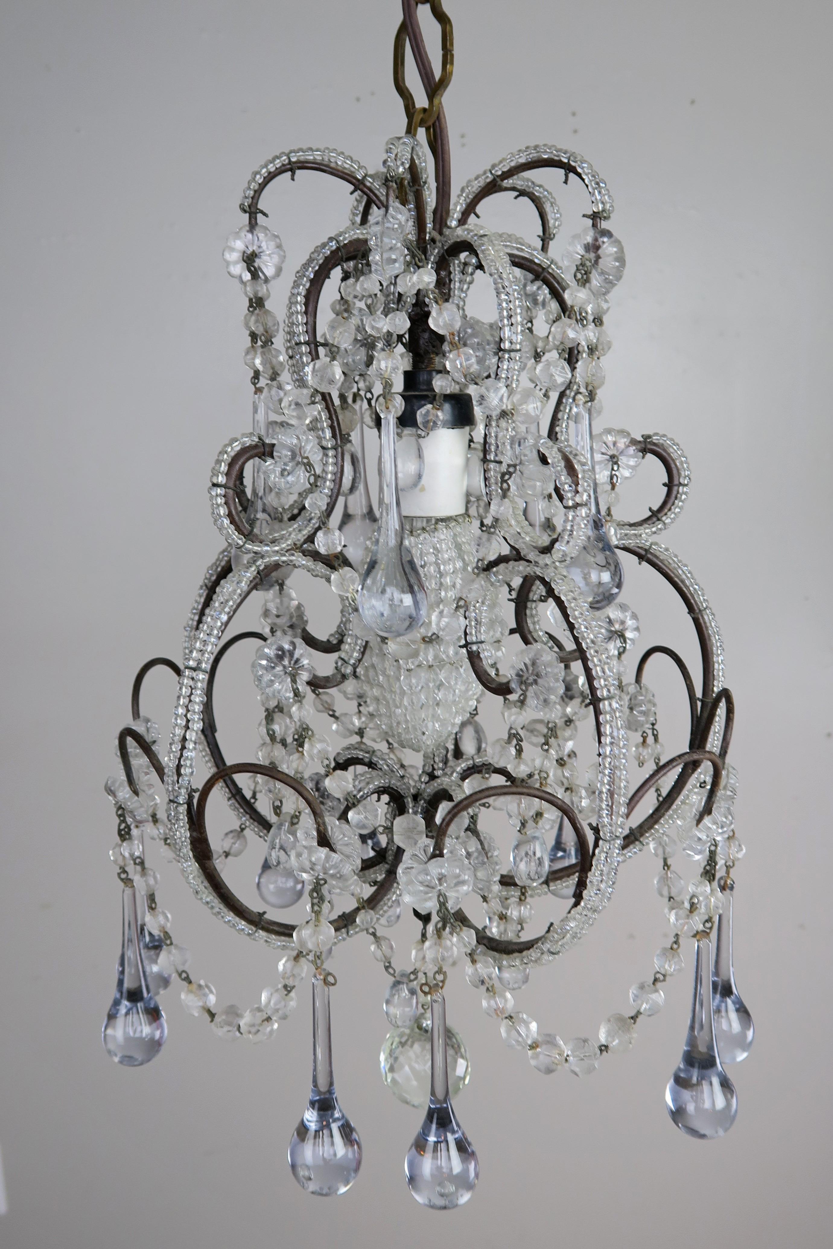 French Petite Crystal Beaded Frame Chandelier, circa 1920s 3