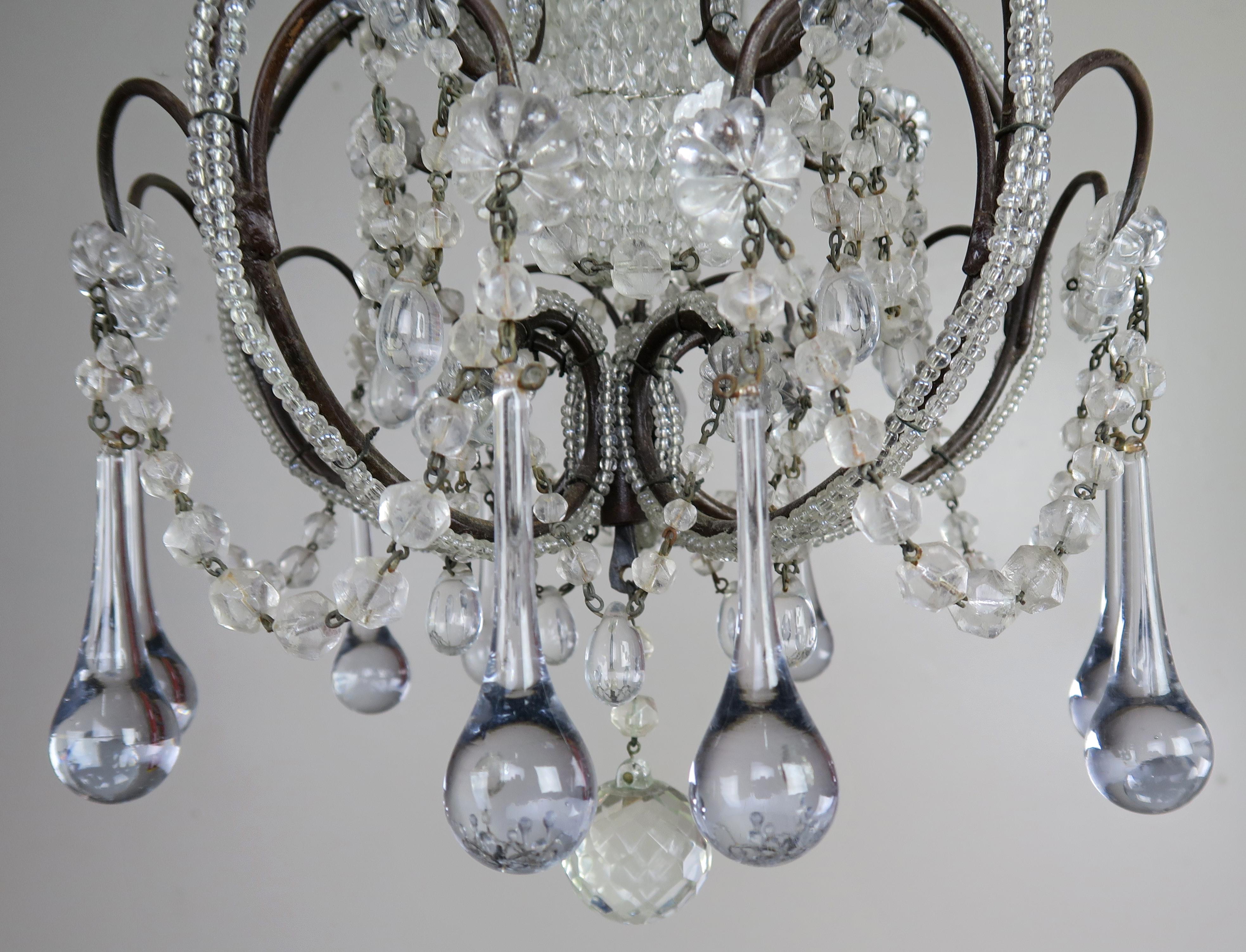 Louis XV French Petite Crystal Beaded Frame Chandelier, circa 1920s