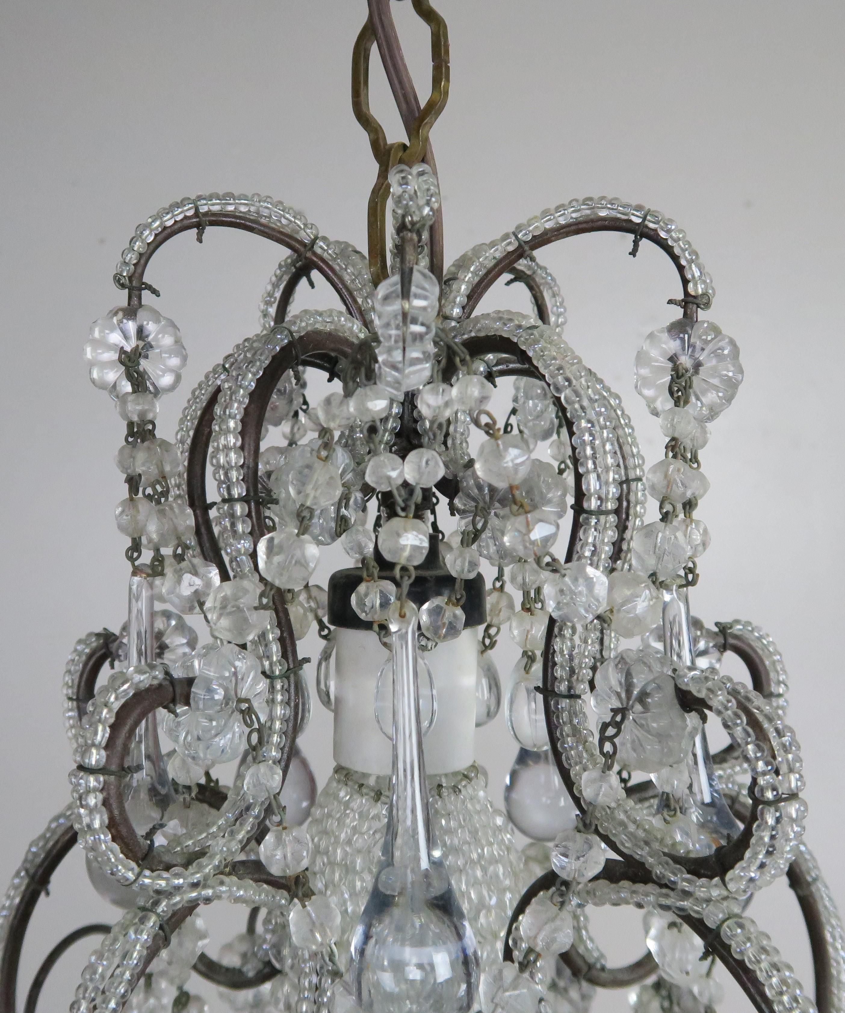 French Petite Crystal Beaded Frame Chandelier, circa 1920s In Excellent Condition In Los Angeles, CA