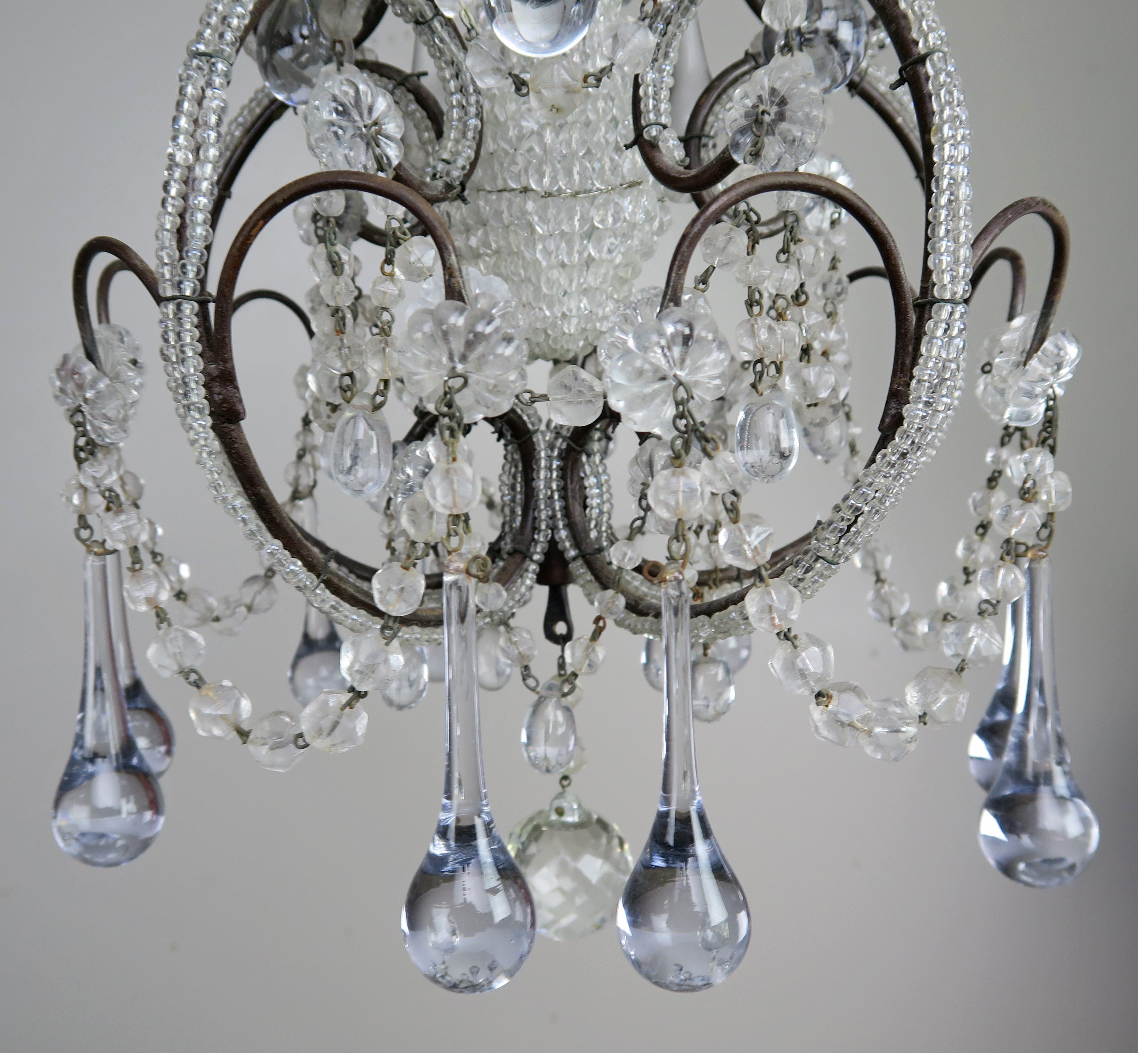 Early 20th Century French Petite Crystal Beaded Frame Chandelier, circa 1920s