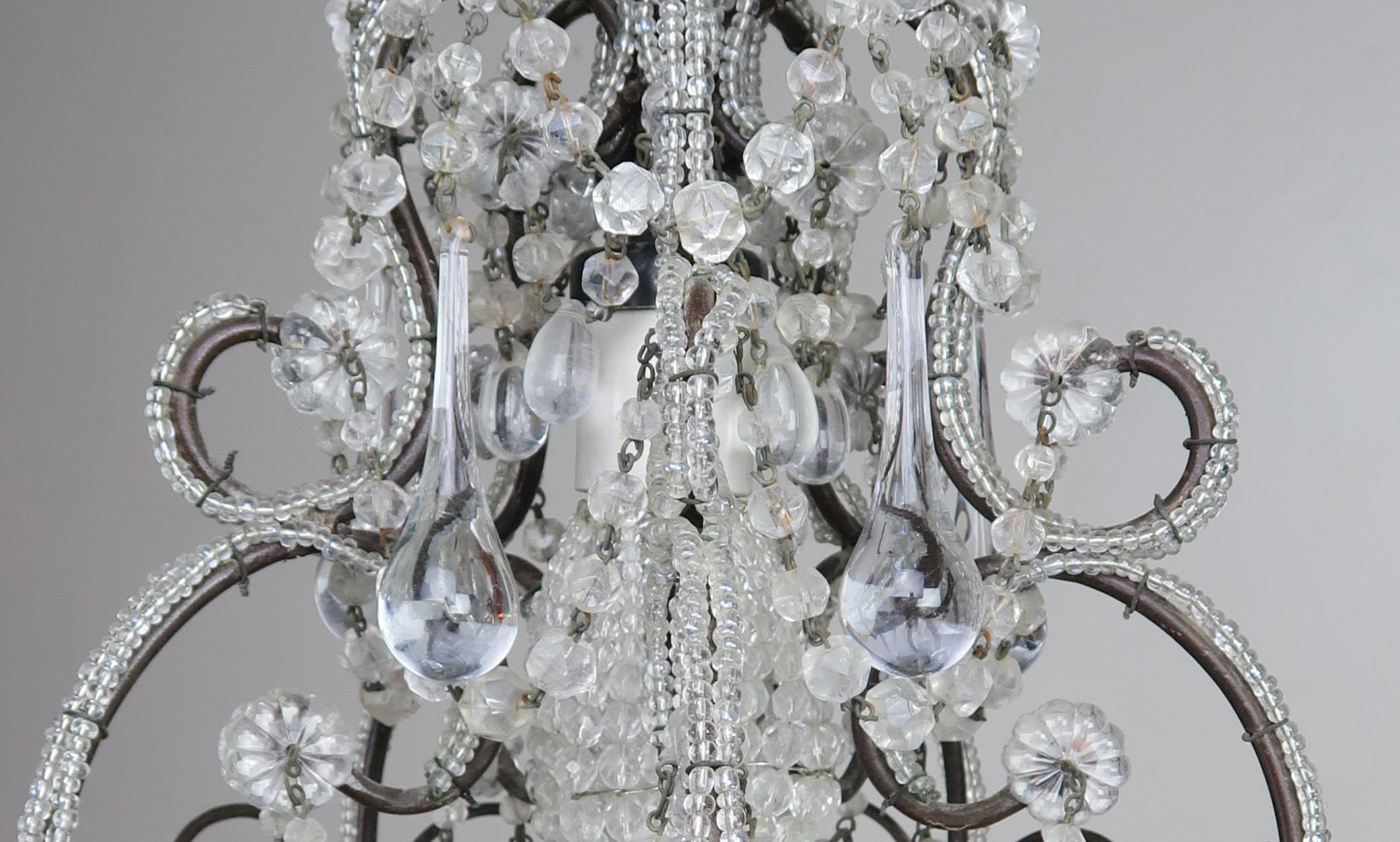 French Petite Crystal Beaded Frame Chandelier, circa 1920s 1