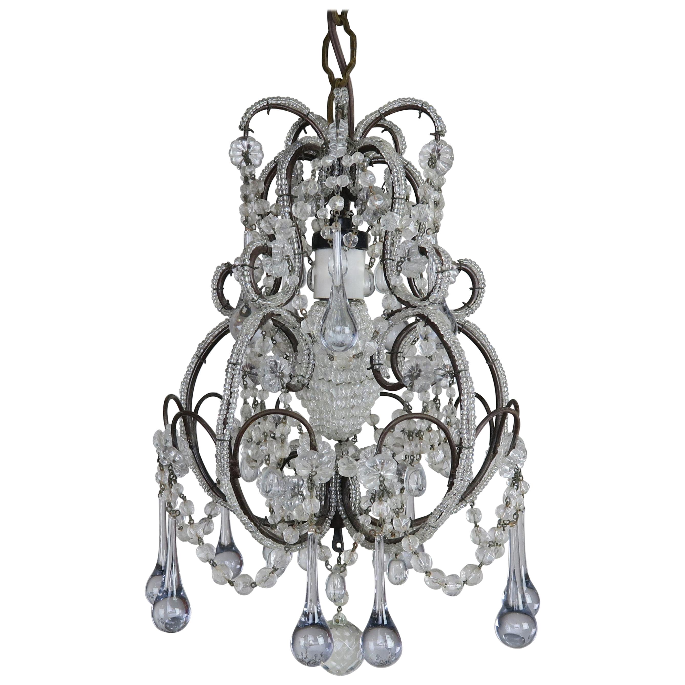 French Petite Crystal Beaded Frame Chandelier, circa 1920s