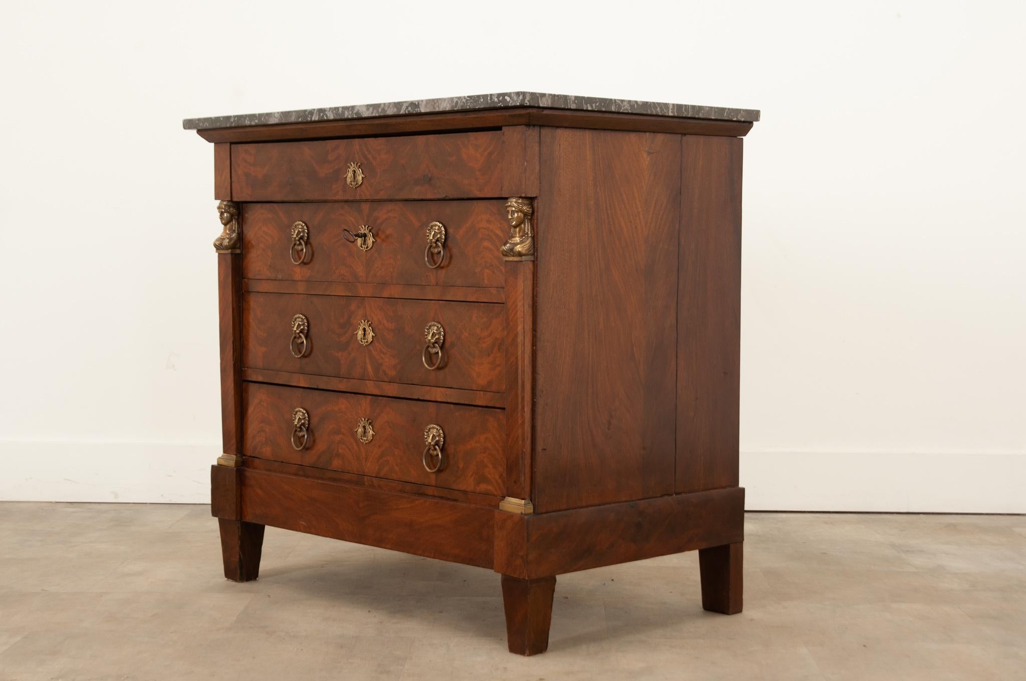 Brass French Petite Empire Mahogany Commode For Sale