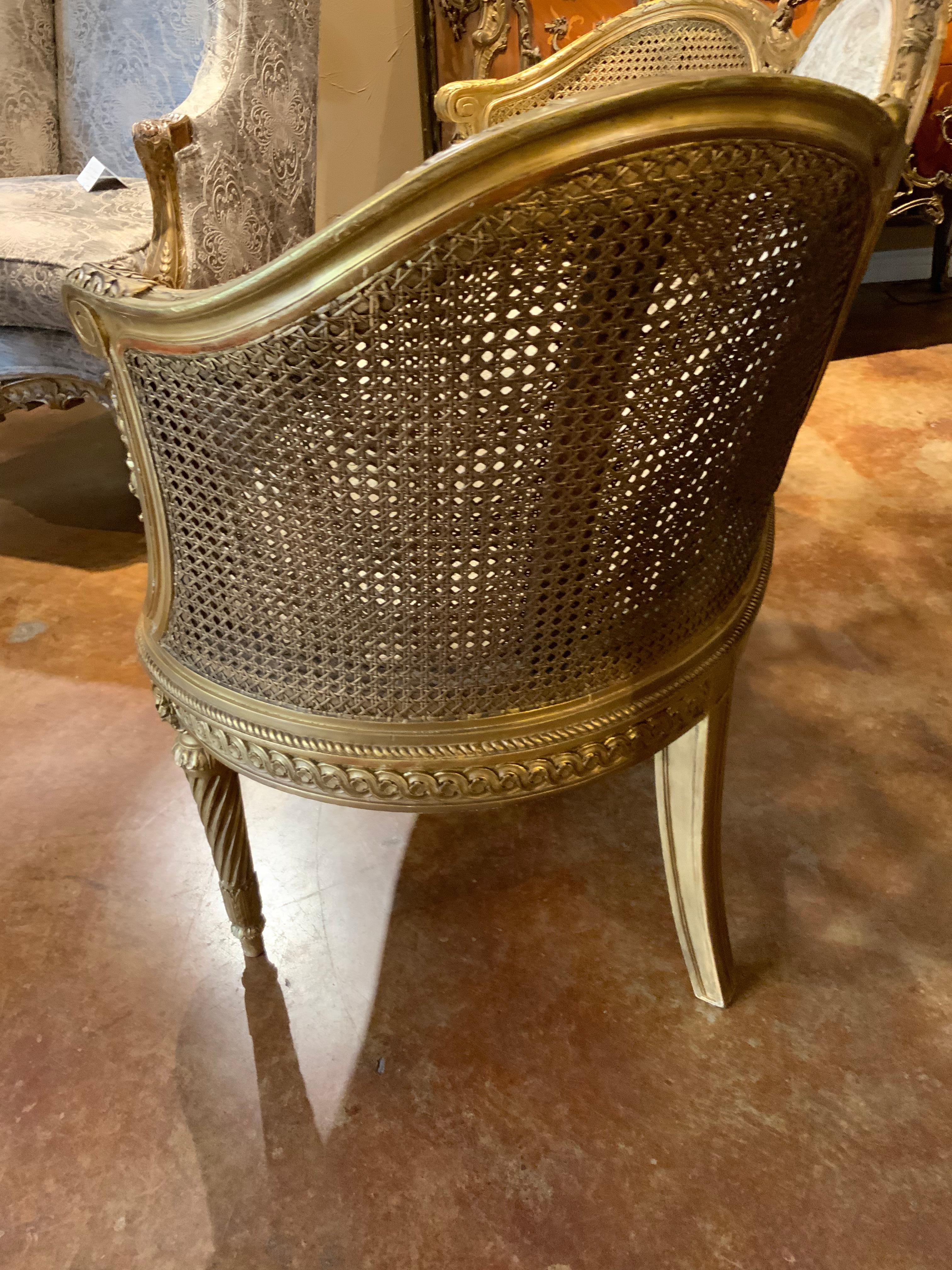 French Petite Giltwood Canapé / Love Seat Double Caned and Upholstered in White In Good Condition In Houston, TX