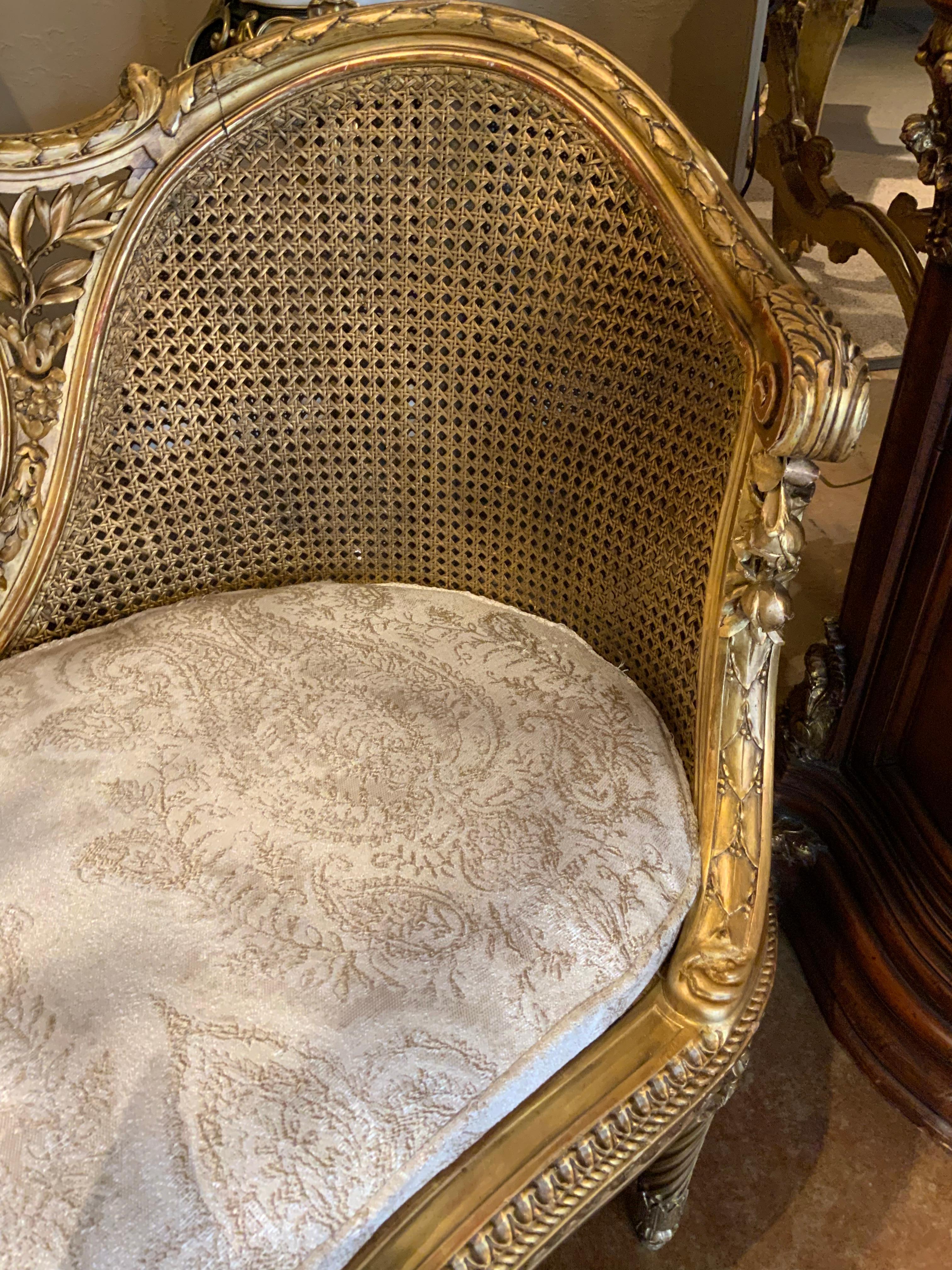 19th Century French Petite Giltwood Canapé / Love Seat Double Caned and Upholstered in White 
