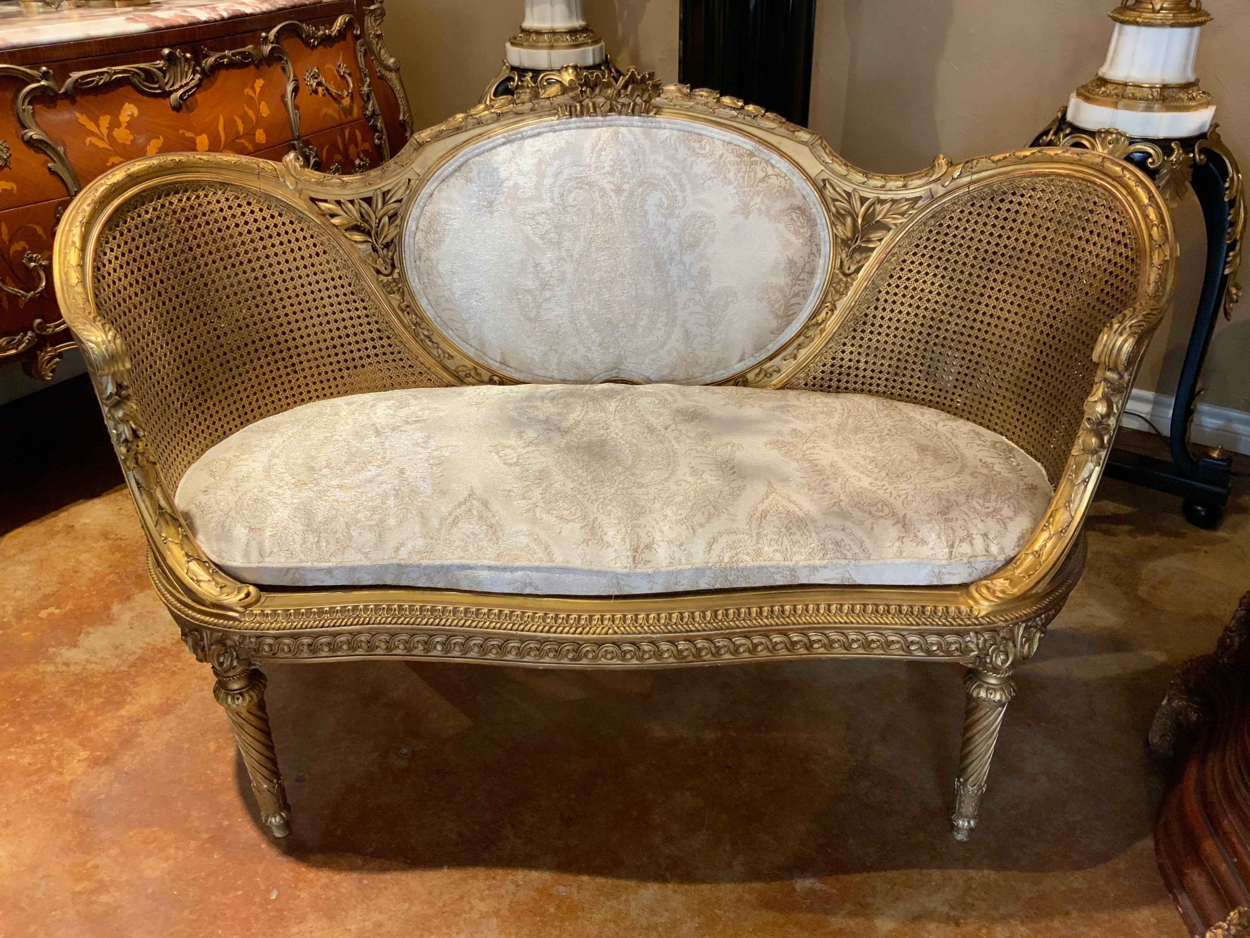 French Petite Giltwood Canapé / Love Seat Double Caned and Upholstered in White  3