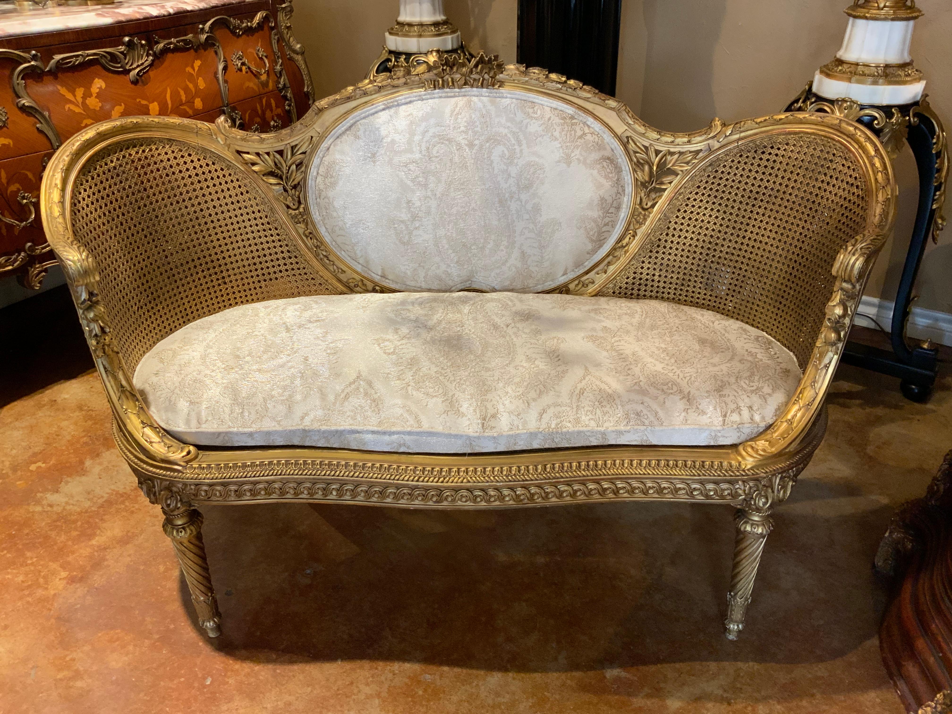 French Petite Giltwood Canapé / Love Seat Double Caned and Upholstered in White 3