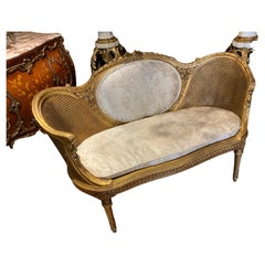 French Petite Giltwood Canapé / Love Seat Double Caned and Upholstered in White 