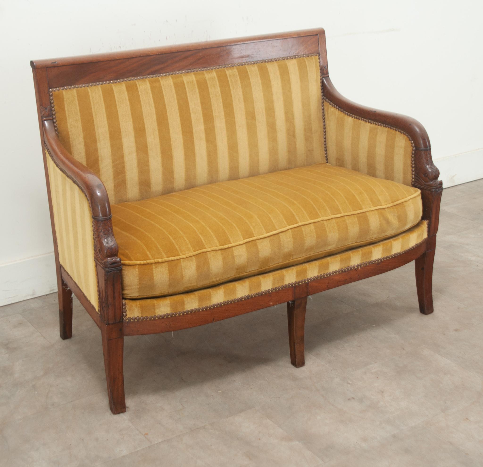 19th Century French Petite Restauration Upholstered Settee For Sale