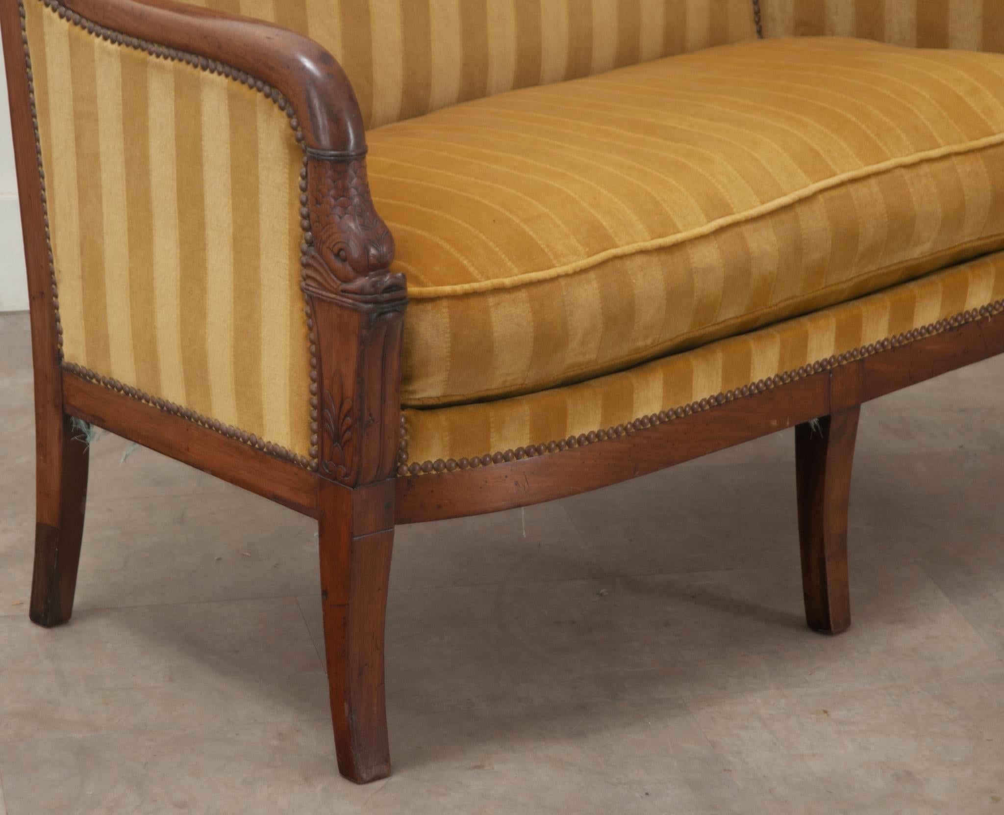 Brass French Petite Restauration Upholstered Settee For Sale