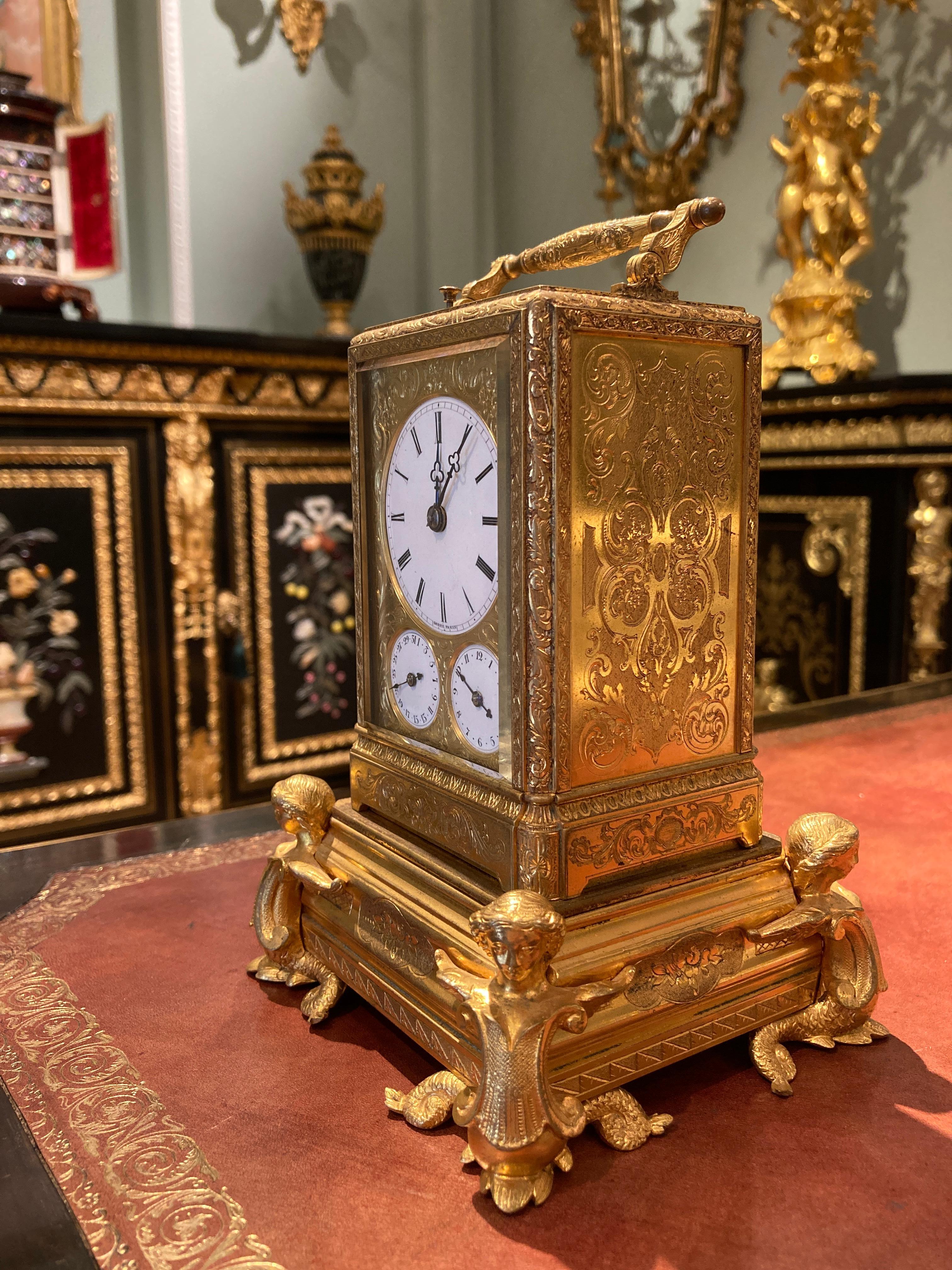 French Petite Sonnerie Gilt Bronze Carriage Clock by Grohé of Paris In Good Condition For Sale In London, GB