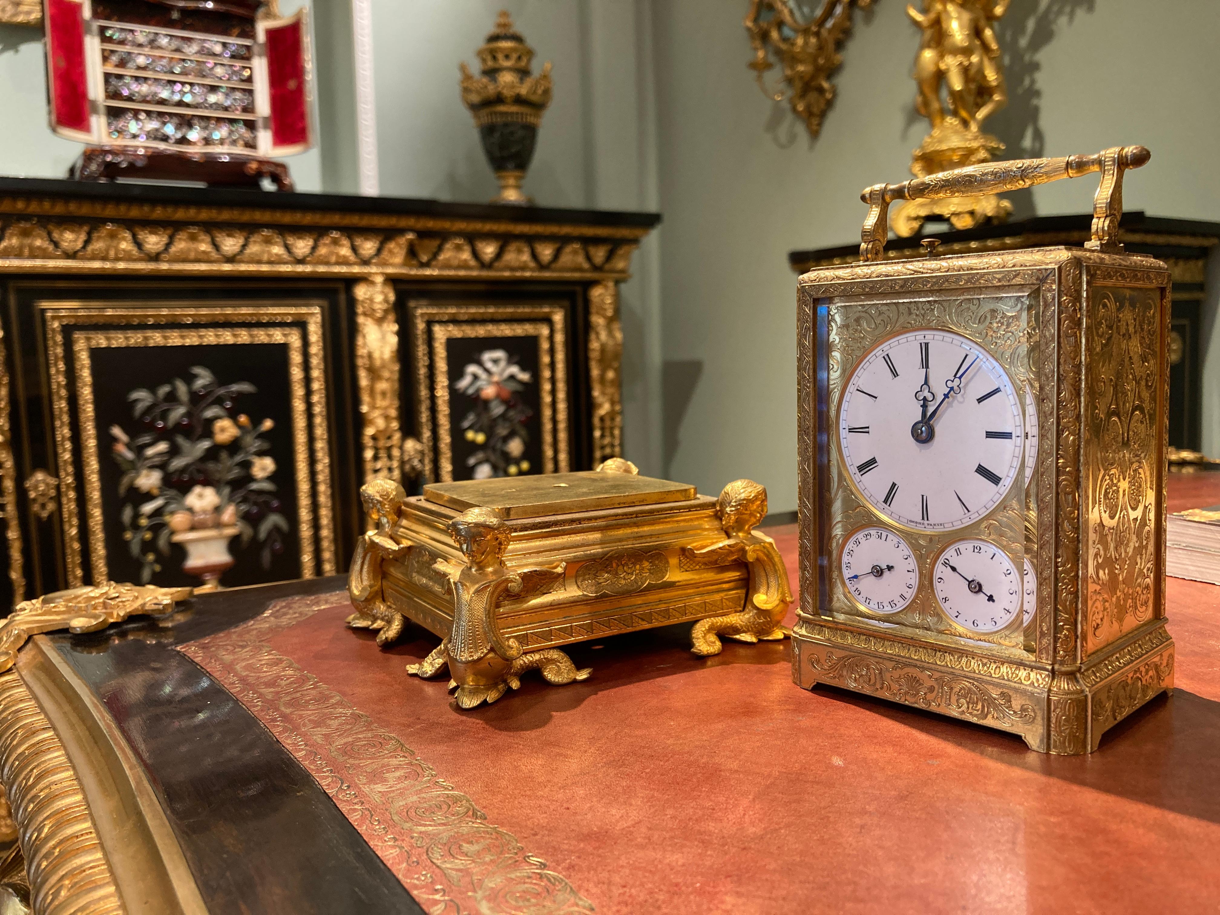 19th Century French Petite Sonnerie Ormolu Carriage Clock by Grohé with Calendar For Sale 1