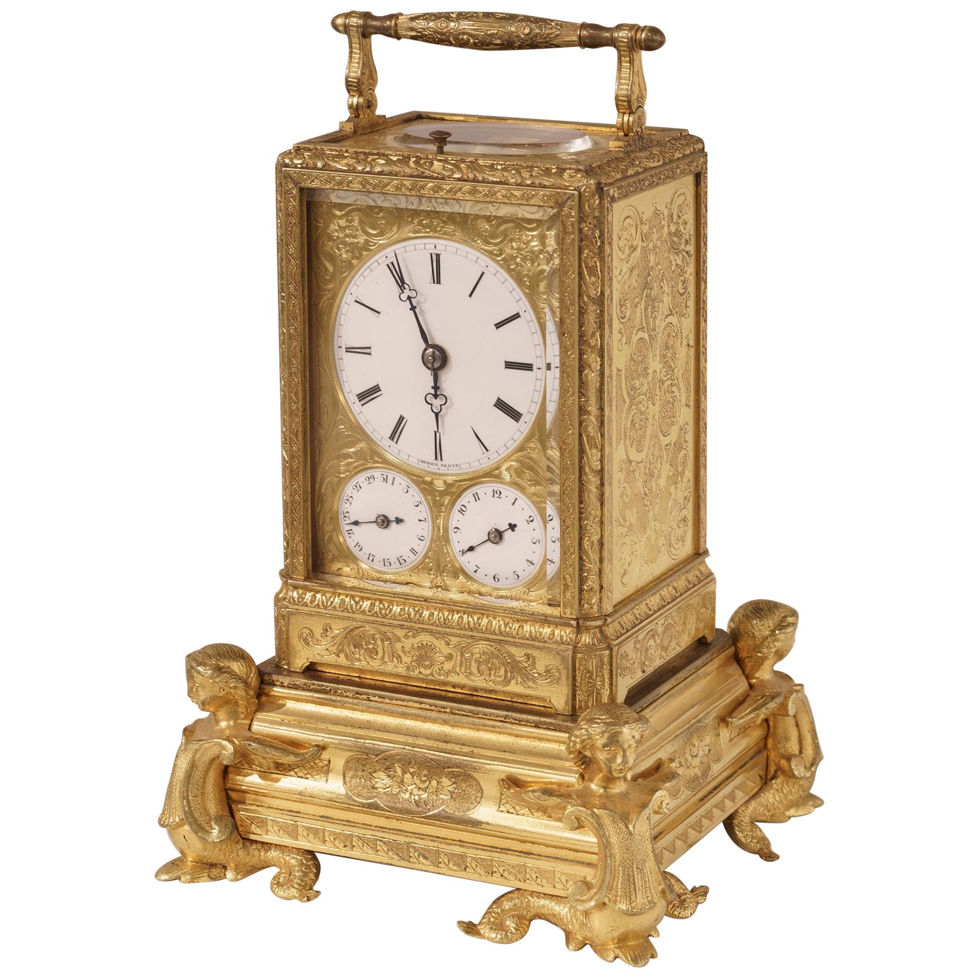 French Petite Sonnerie Gilt Bronze Carriage Clock by Grohé of Paris For Sale