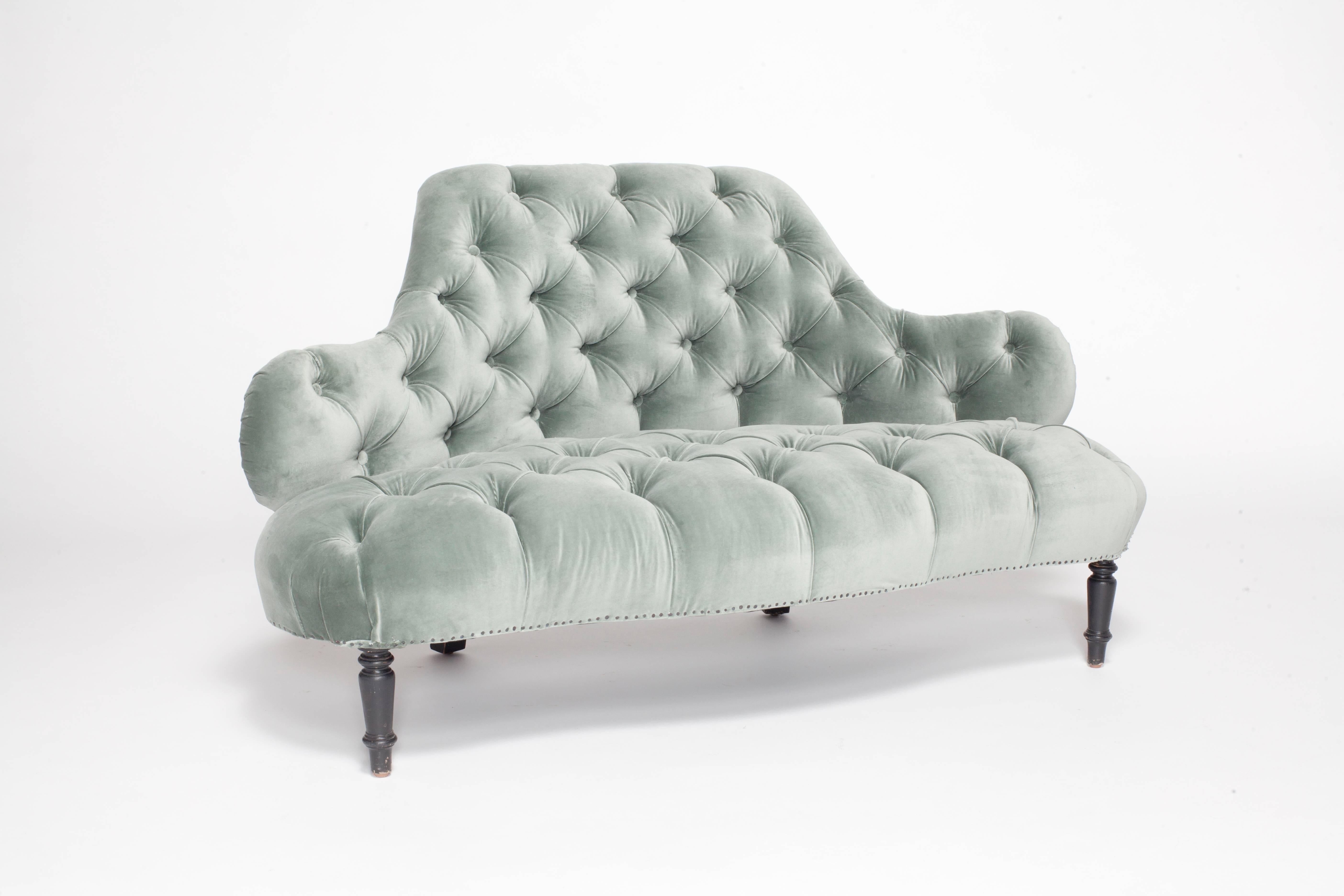 Mid-20th Century French Petite Tufted Settee Newly Upholstered in Beautiful Blue Grey Velvet