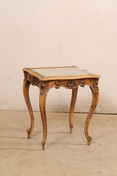French Petite Wood Table W/Beautifully Carved Apron & Mirror Top, 19th C